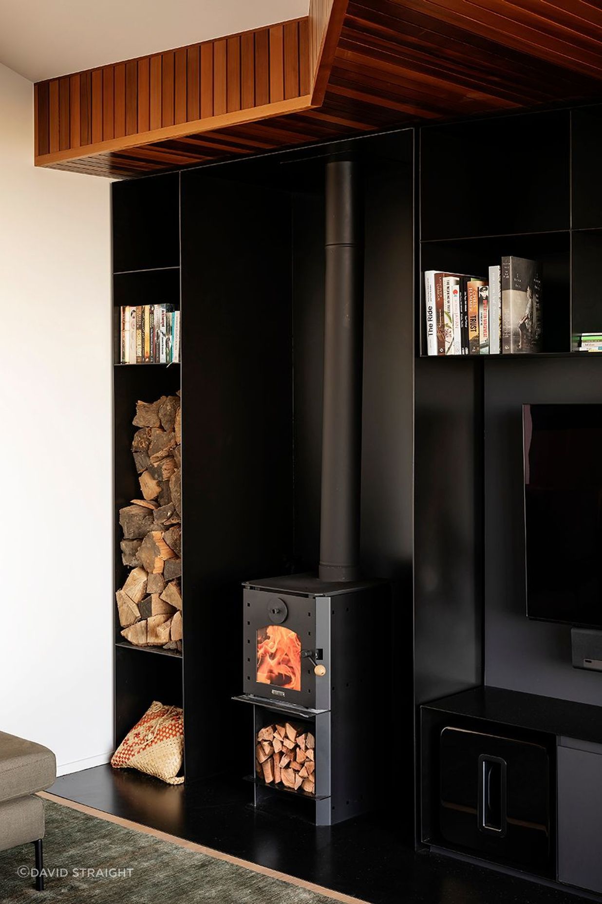 The fireplace in the lounge area.