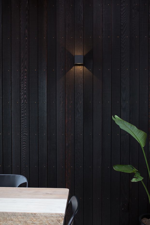 Close-up interior view featuring a dark vertical timber feature wall with a small modern wall sconce casting an upward and downward glow. A light timber dining table and dark chairs occupy the lower foreground, while a tall leafy indoor plant adds a natural accent at right. The composition is moody, refined, and contemporary, with strong contrast between the blackened timber wall and warm light wood furniture.