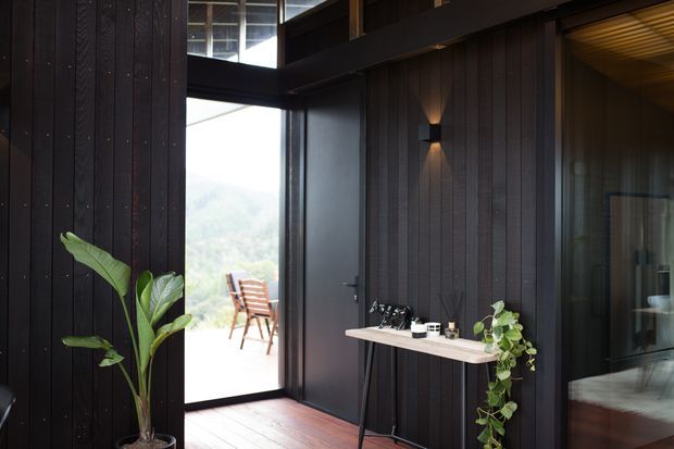 A dark, timber-lined interior entry or hallway with vertical black-stained wall cladding, a glazed door opening to a bright outdoor terrace, and a slim floating console shelf styled with small plants and objects. A bedroom or living space is partially visible through the glazing on the right. The space has strong contrast between the moody timber interior and the bright exterior, with modern wall lighting and exposed upper-level structural elements.