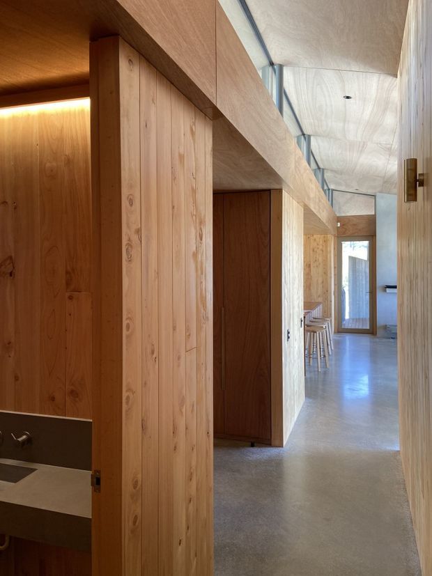 A narrow, warm-toned interior corridor lined with extensive timber wall panelling, doors, and built-in joinery. The hallway leads toward a brighter glazed opening and a small dining or kitchen area, with a partial compact vanity or basin visible at the left. A polished concrete floor contrasts with the natural timber surfaces, while concealed linear lighting and a simple recessed ceiling light provide illumination.