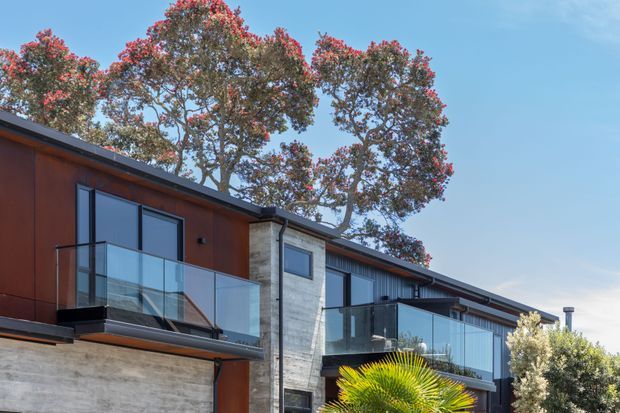 Exterior architectural photograph of a contemporary multi-level residential building with a long low-pitched roofline, dark-framed glazing, projecting glass-balustraded balconies, warm rust-coloured wall cladding, and a central pale textured masonry or concrete wall. Mature flowering trees and planting surround the facade under a clear blue sky.