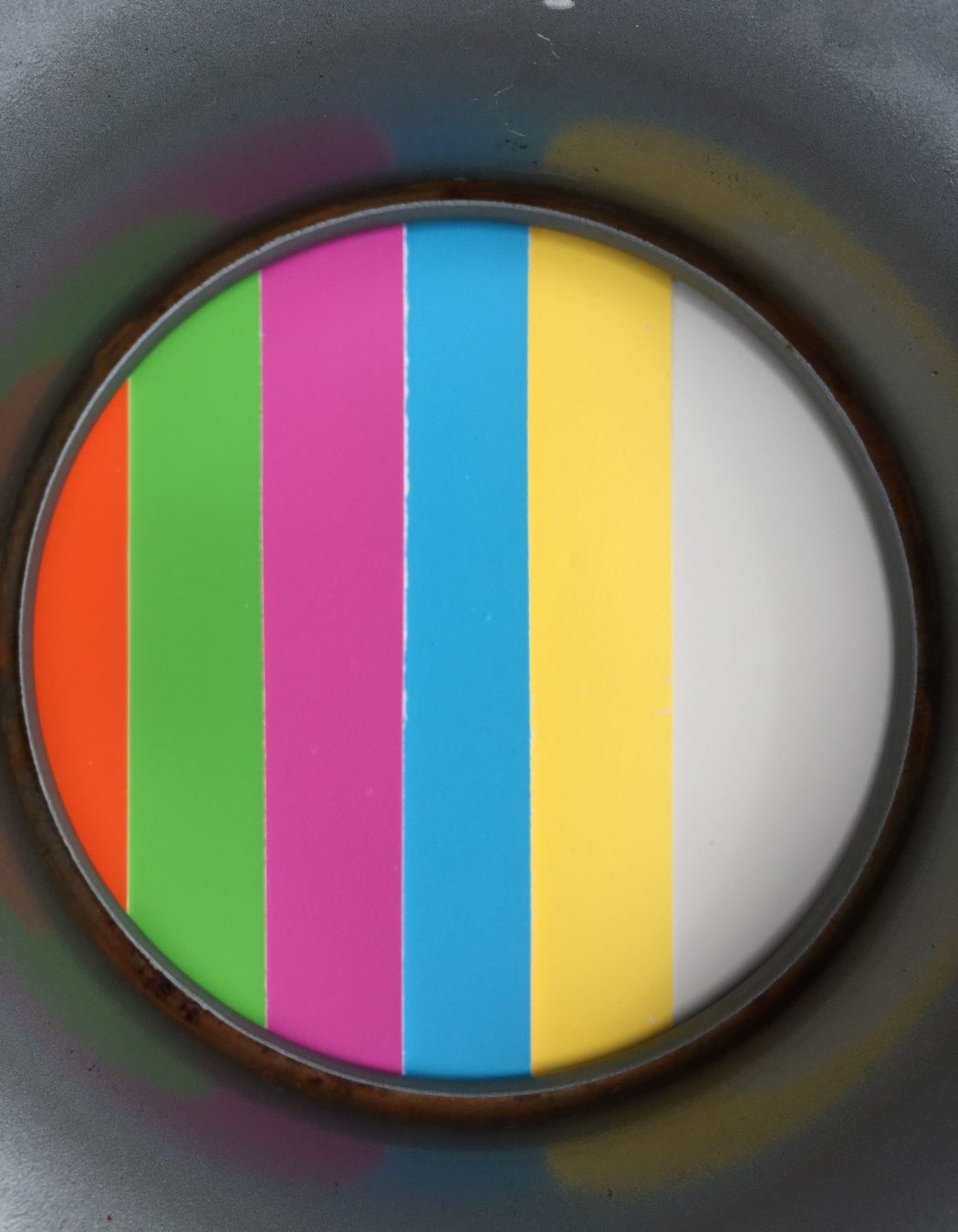 Orange splashback - Green door into master bedroom - Pink door into toilet - Blue door into bathroom - Yellow door into bunk room