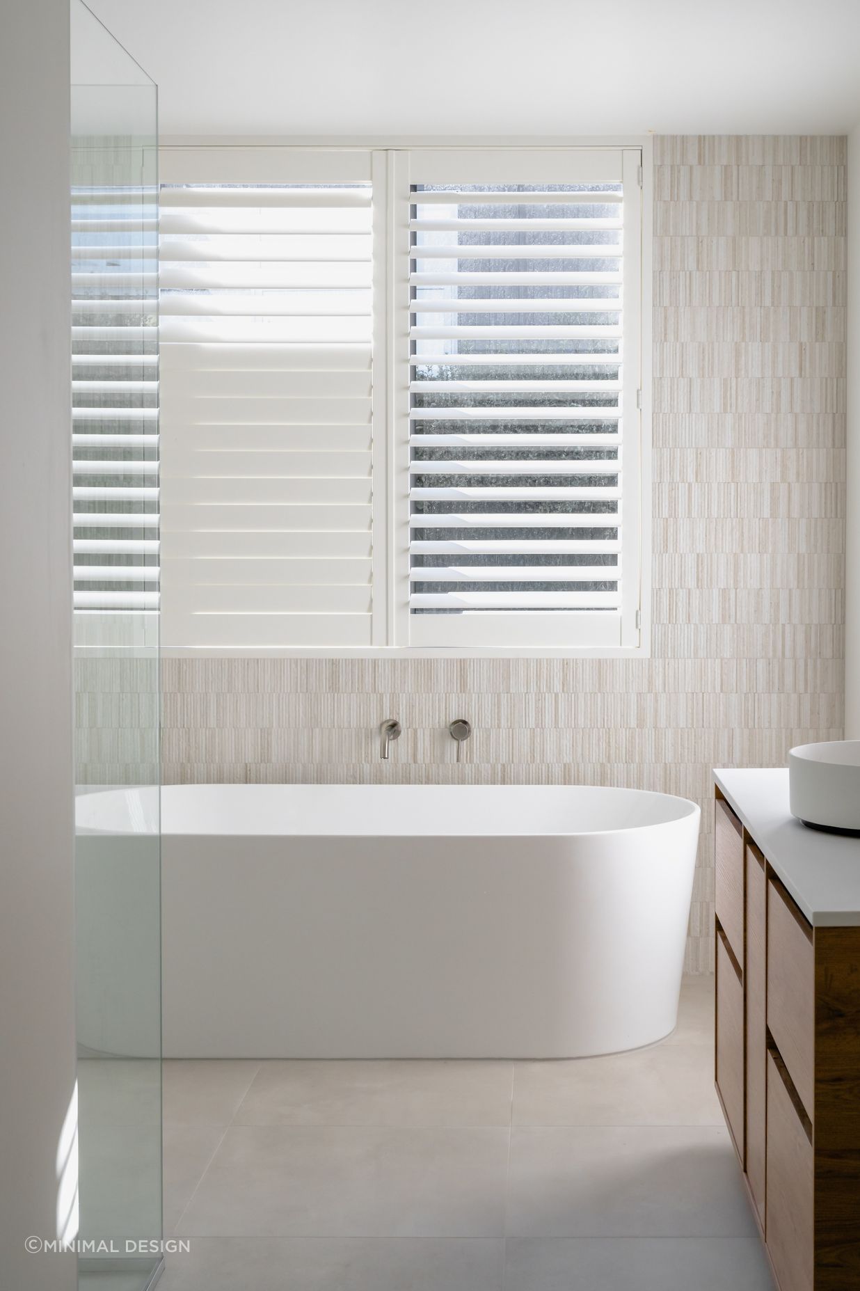 Main Bathroom.   Interior Design + Colours: Kelly @ Archi Build Ltd - Wanaka.  Shutters: McKenzie and Willis Wanaka