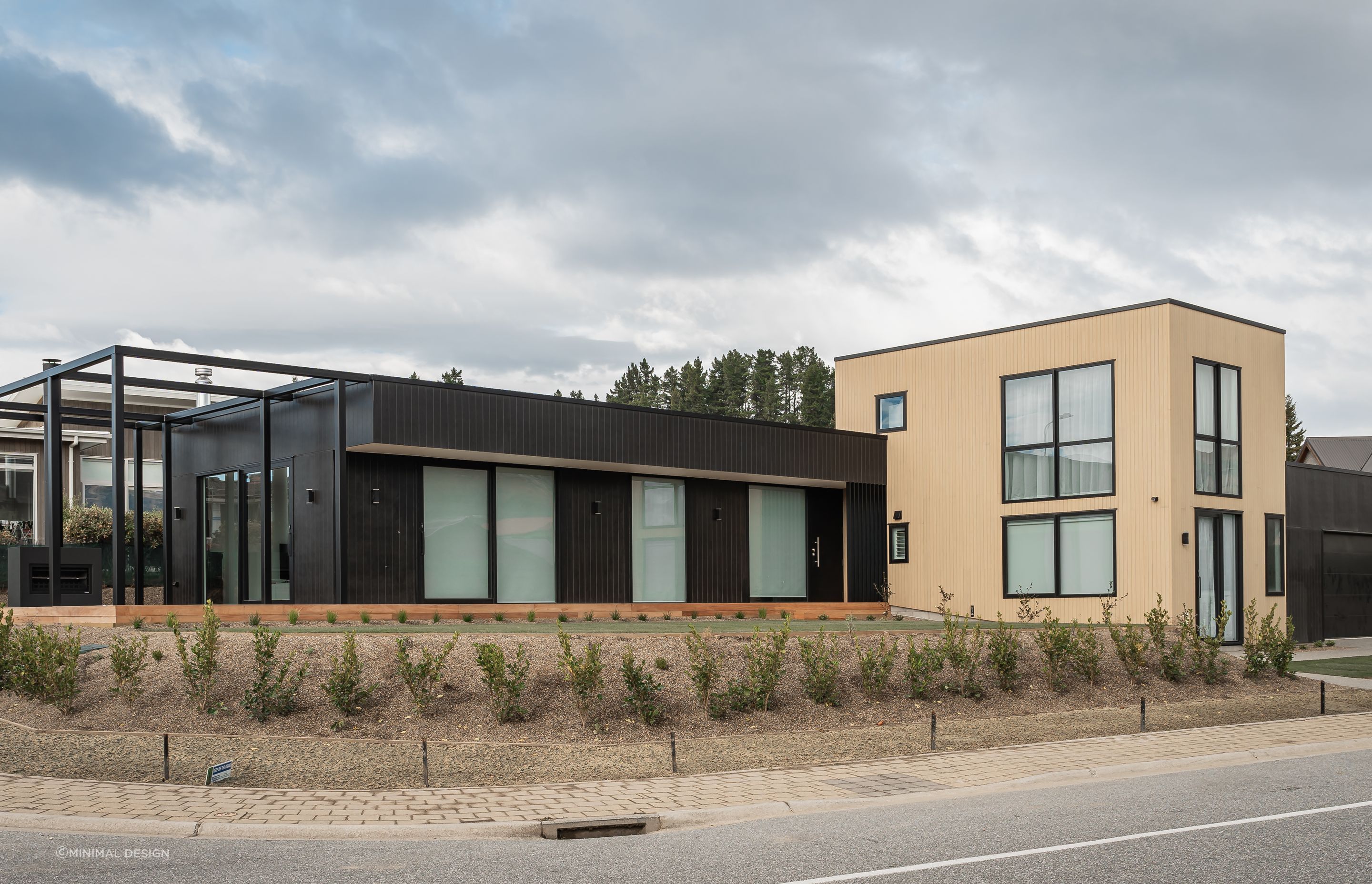 Exterior- A combination of Abodo and Hardies Axon.  Landscaping: Tim Ecroyd 'The Landscaper' - Wanaka.  Interior Design + Colours: Kelly @ Archi Build Ltd - Wanaka.