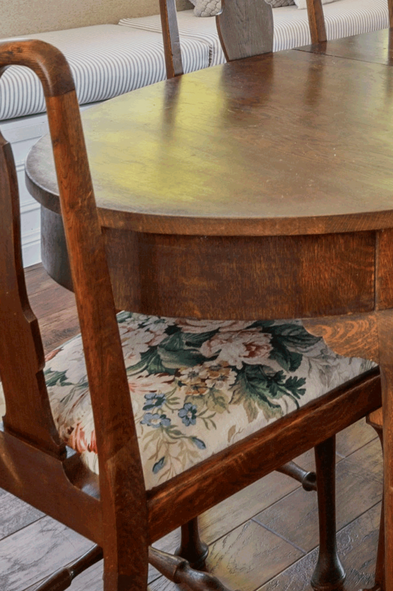 Previous curtain fabric reused on the dining chairs