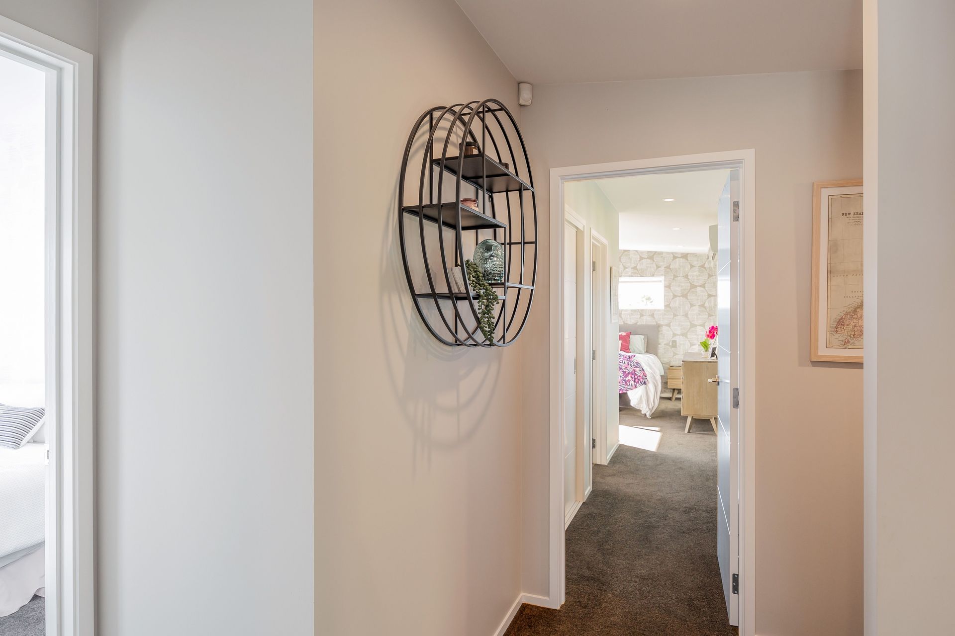 Hallway &amp; Study Nook: Resene Alabaster to ceiling, architraves &amp; skirting; Resene Triple White Pointer to all walls; Feltex Okiwi Bay 020335 Coal Mine 0780 to floor