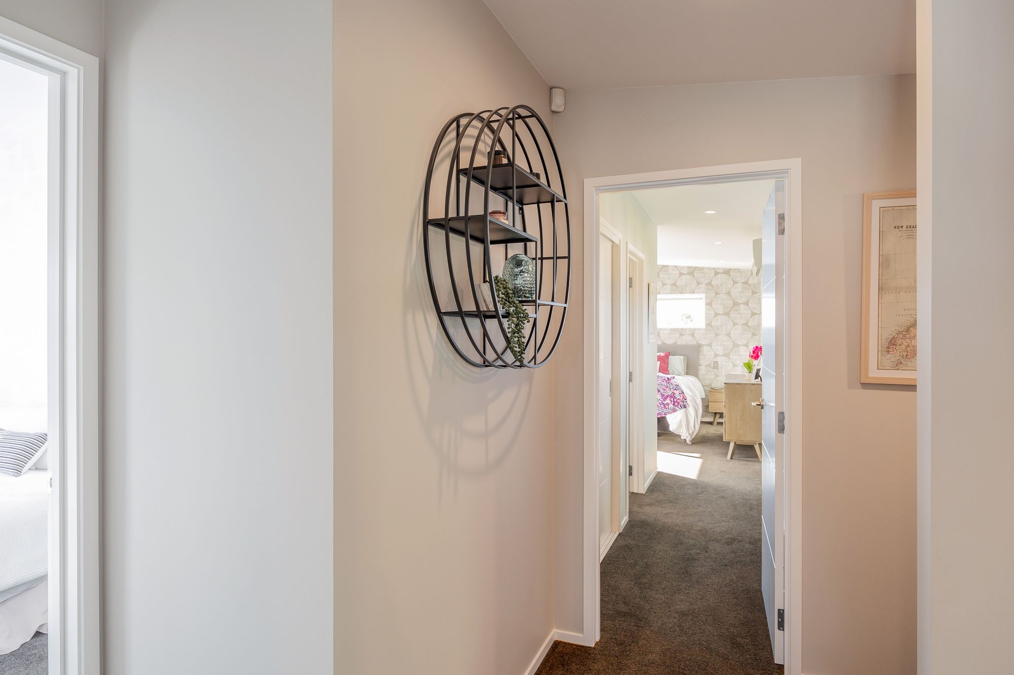Hallway & Study Nook: Resene Alabaster to ceiling, architraves & skirting; Resene Triple White Pointer to all walls; Feltex Okiwi Bay 020335 Coal Mine 0780 to floor