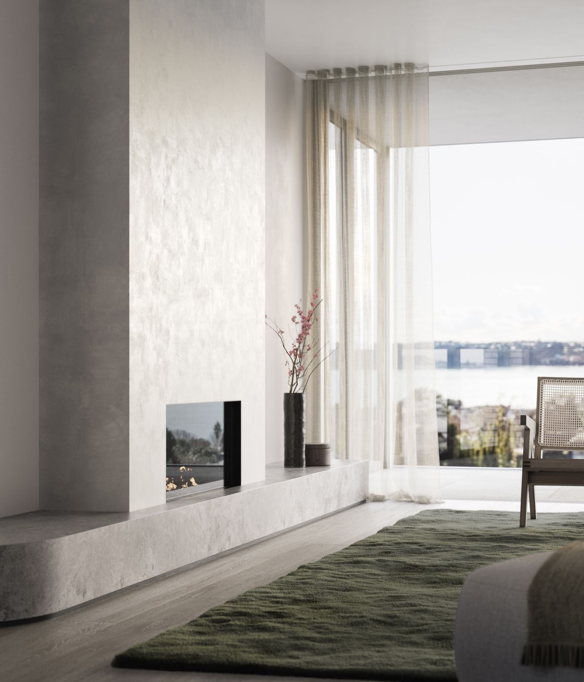 Fireplaces feature in each apartment as a centrepiece of the living spaces.
