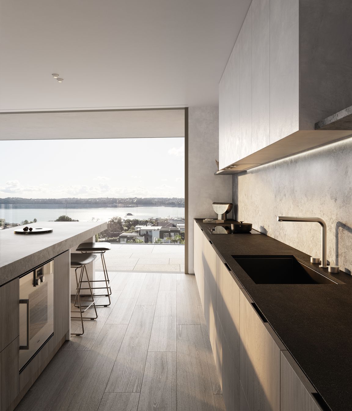 Kitchens are designed with custom-made cabinetry, state-of-the-art Gaggenau and Liebherr appliances, a honed marble island, and honed slate benchtops.