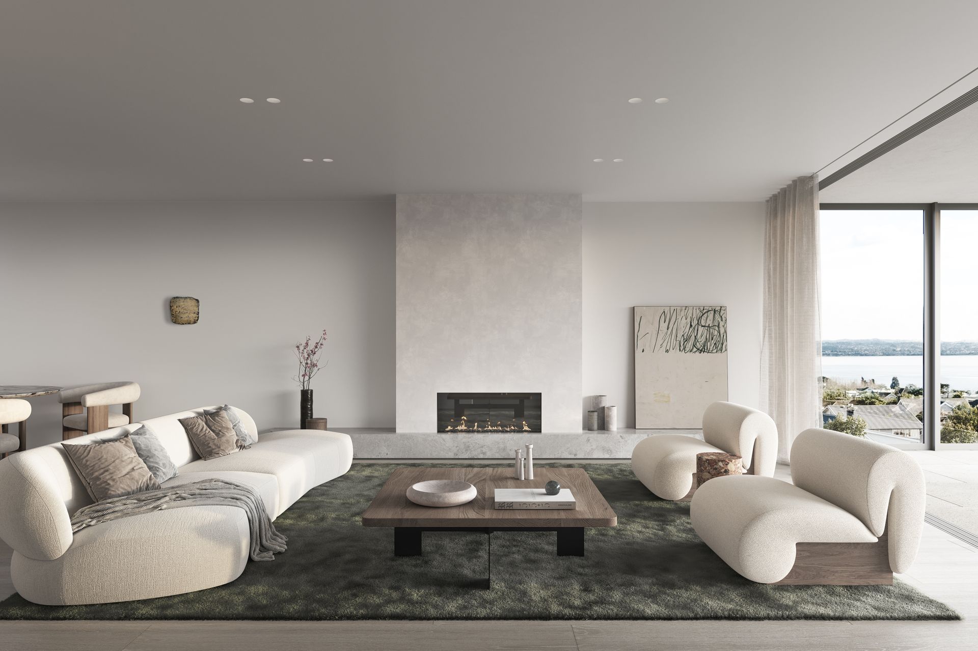 The interiors incorporate natural textures and luxurious materials in muted and refined tones.