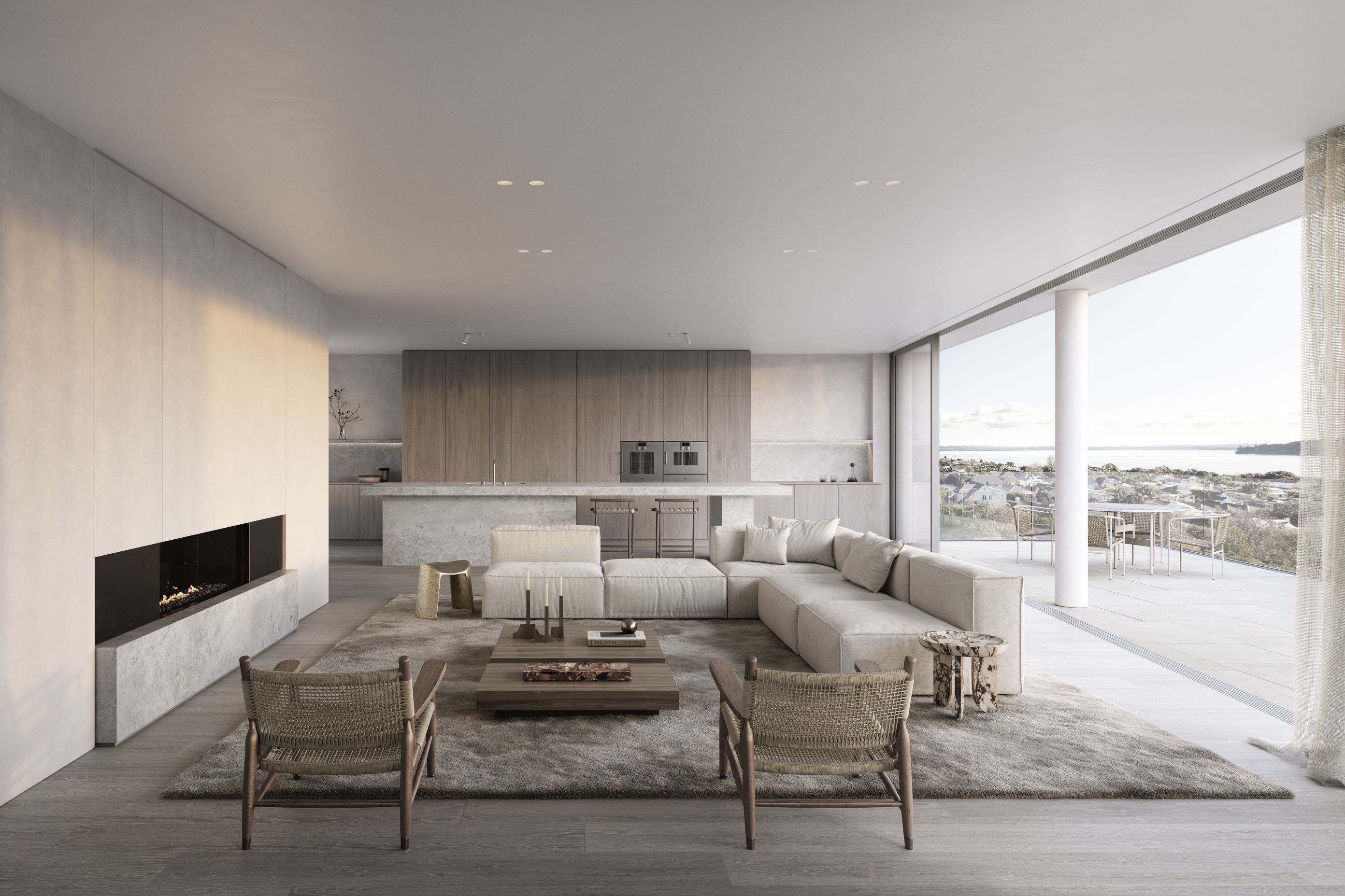 The interiors incorporate natural textures and luxurious materials in muted and refined tones.