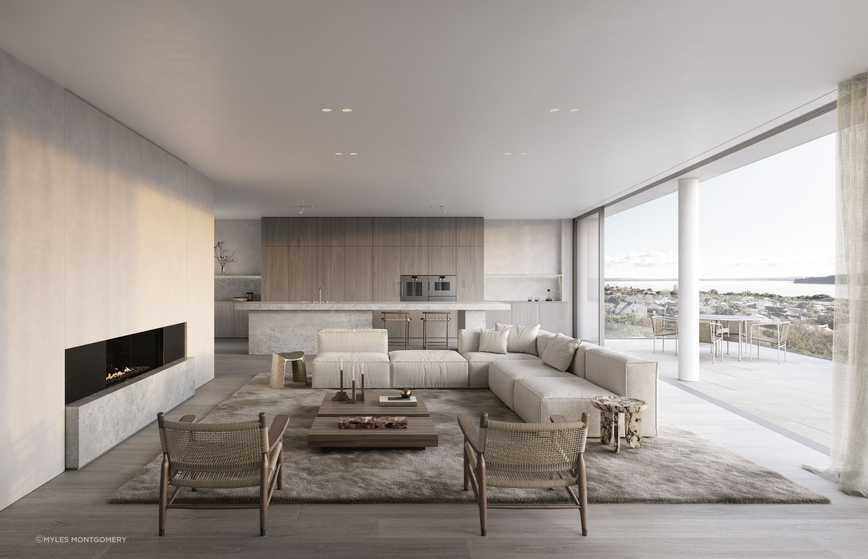 The interiors incorporate natural textures and luxurious materials in muted and refined tones.