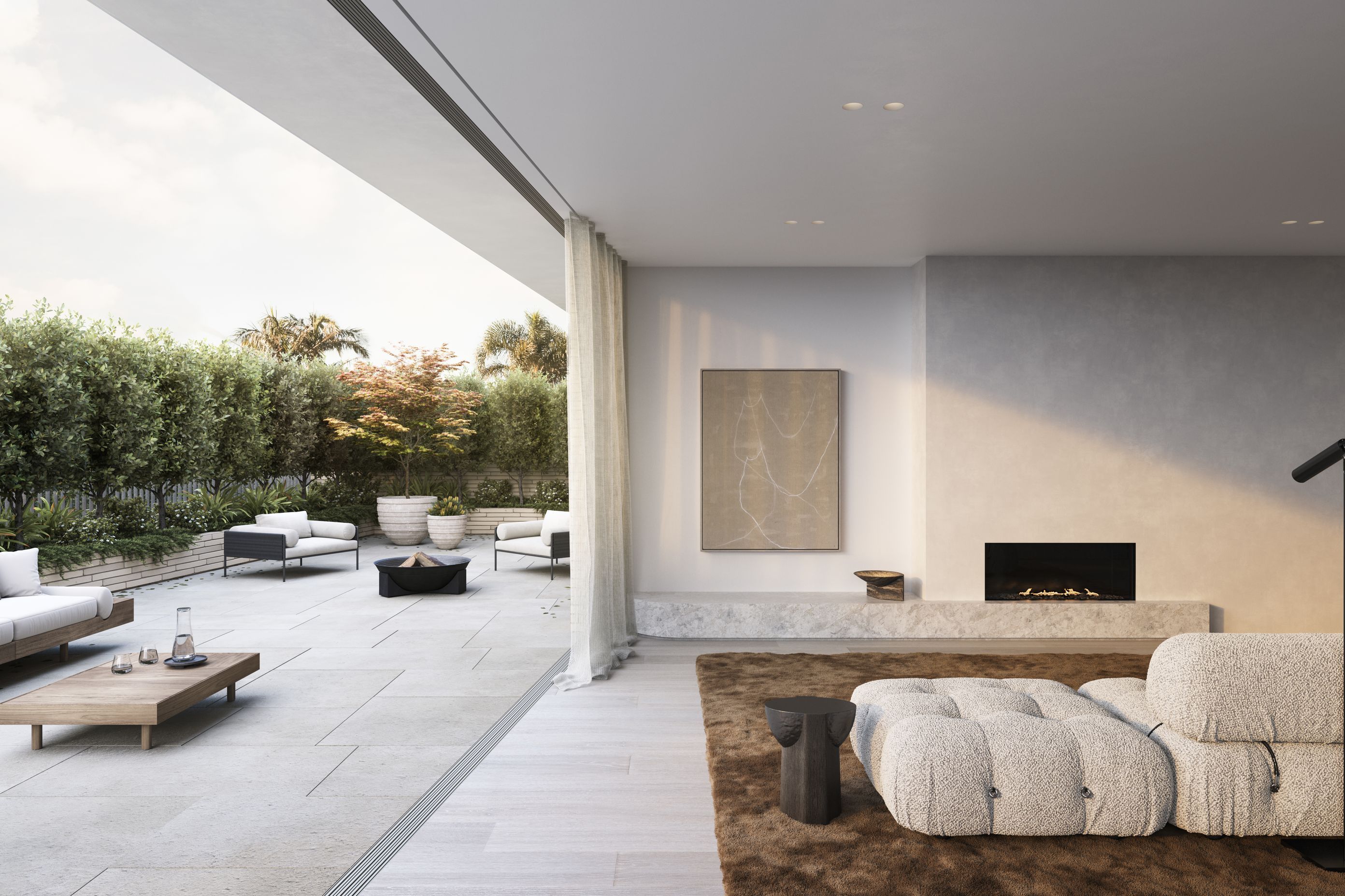 The full-floor garden apartment features a generous outdoor living area.