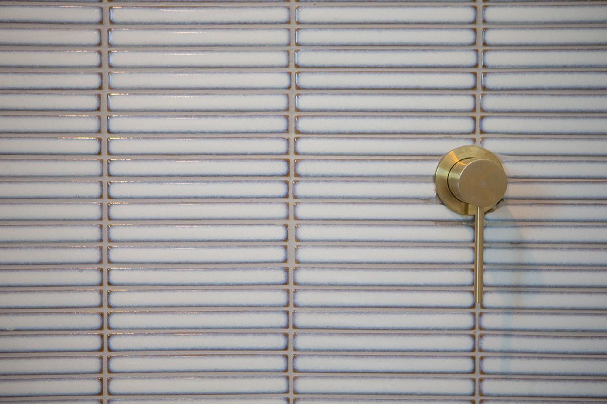 Glossy tiles accentuated by the brass fixtures.