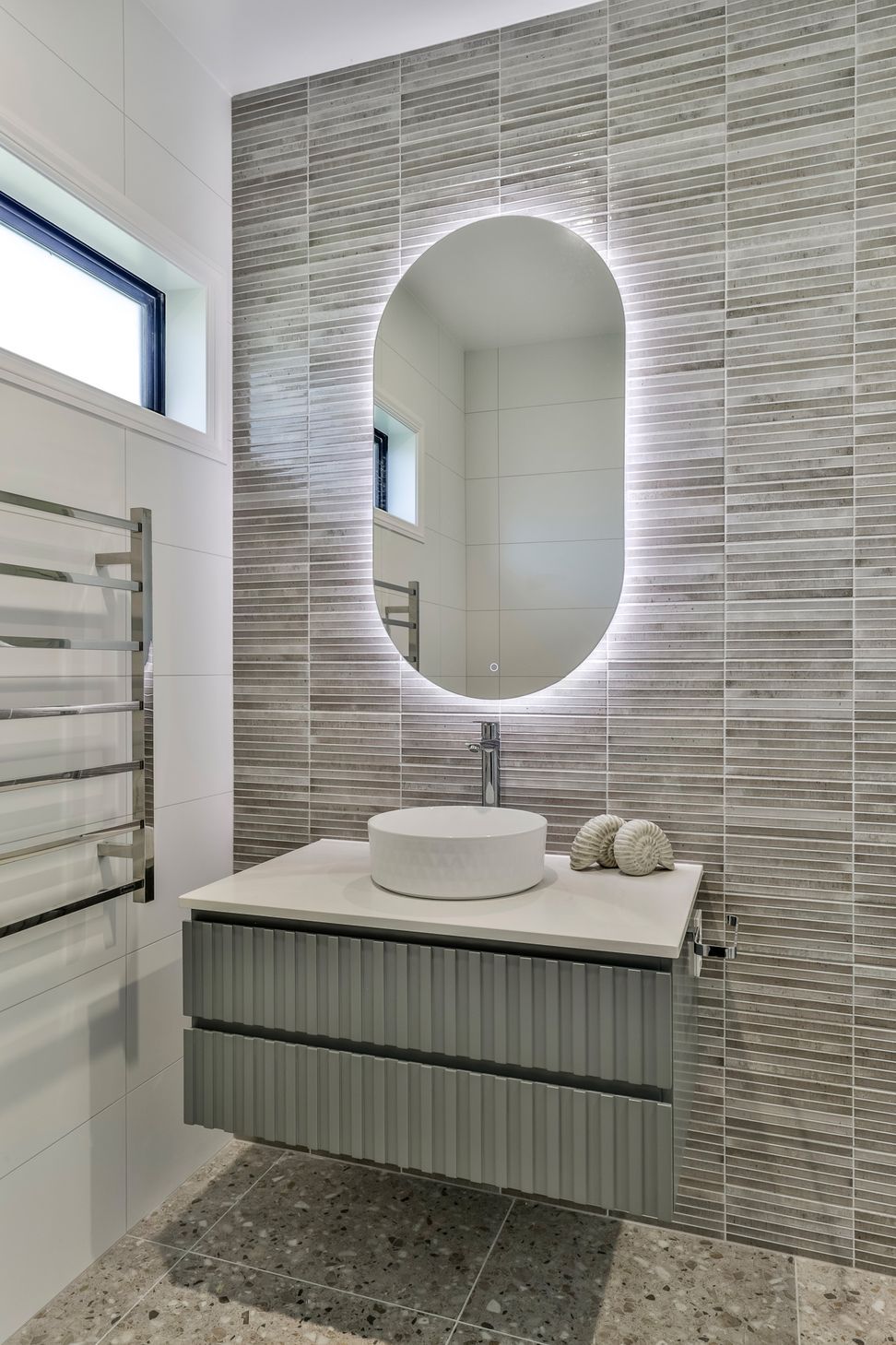 TILE DEPOT / Tiles: Home Kit Kat Ash 125x250mm , Blanco Brillo Matt 300x600mm, Frammenta Taupe 597x597mm / Bathware also supplied by Tile Depot