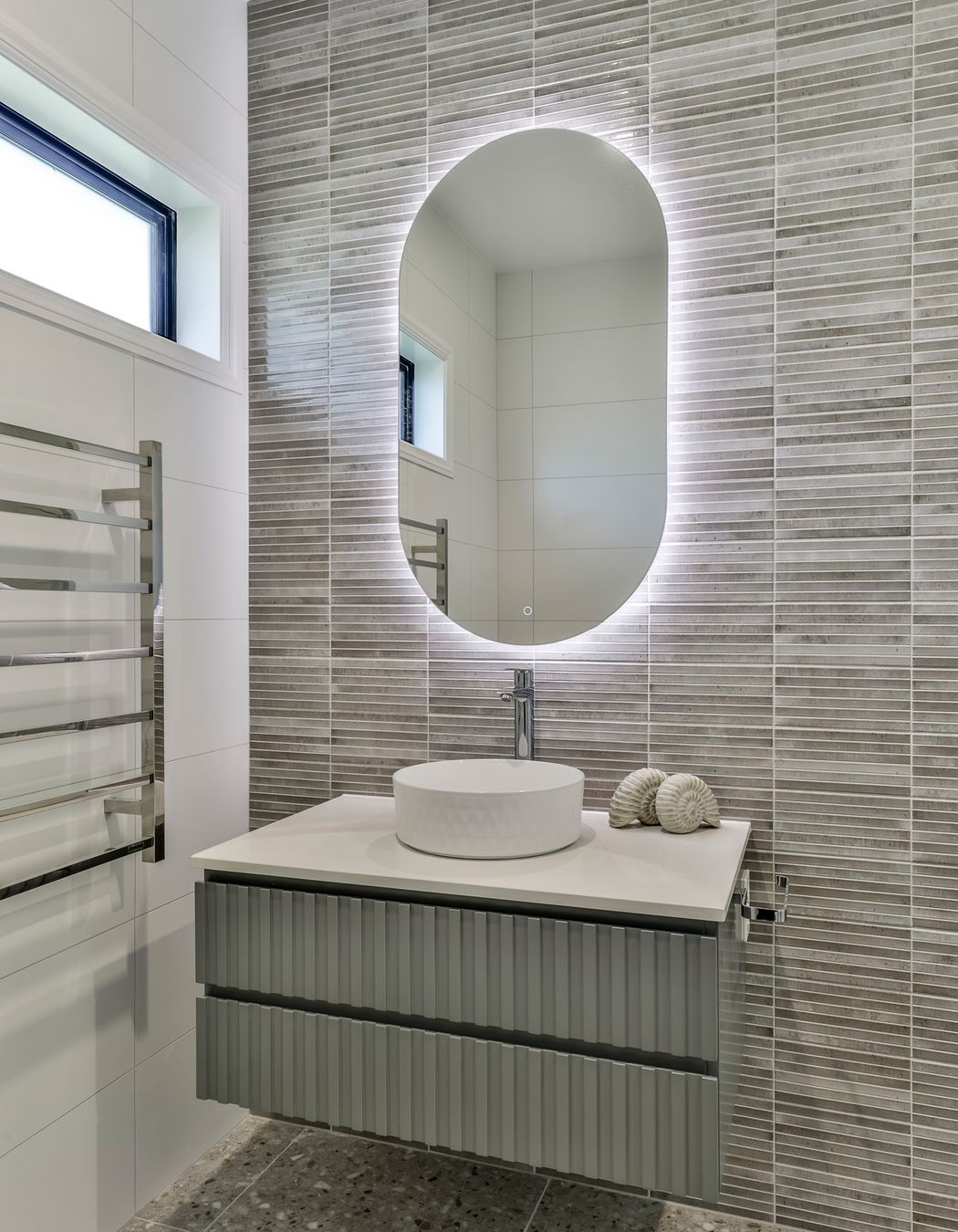 TILE DEPOT / Tiles: Home Kit Kat Ash 125x250mm , Blanco Brillo Matt 300x600mm, Frammenta Taupe 597x597mm / Bathware also supplied by Tile Depot