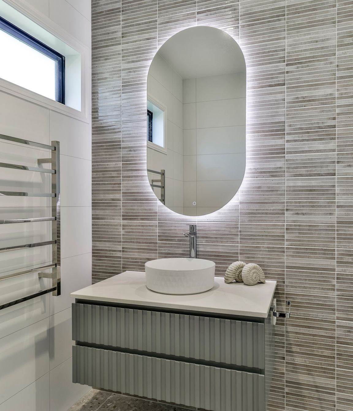TILE DEPOT / Tiles: Home Kit Kat Ash 125x250mm , Blanco Brillo Matt 300x600mm, Frammenta Taupe 597x597mm / Bathware also supplied by Tile Depot