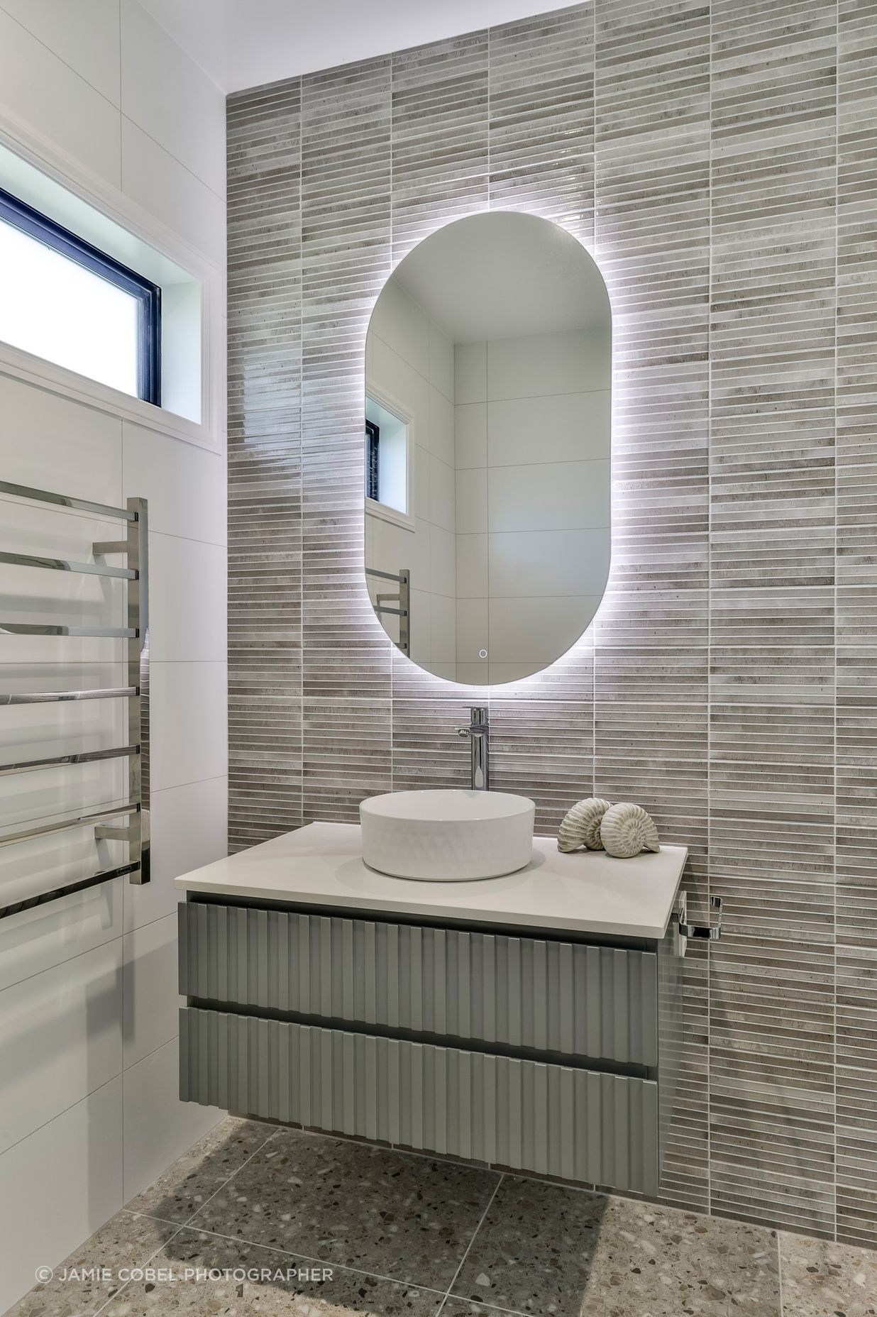 TILE DEPOT / Tiles: Home Kit Kat Ash 125x250mm , Blanco Brillo Matt 300x600mm, Frammenta Taupe 597x597mm / Bathware also supplied by Tile Depot
