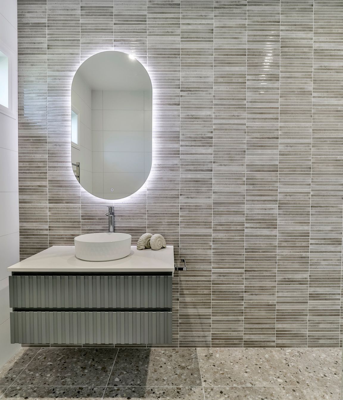TILE DEPOT / Tiles: Home Kit Kat Ash 125x250mm , Blanco Brillo Matt 300x600mm, Frammenta Taupe 597x597mm / Bathware also supplied by Tile Depot