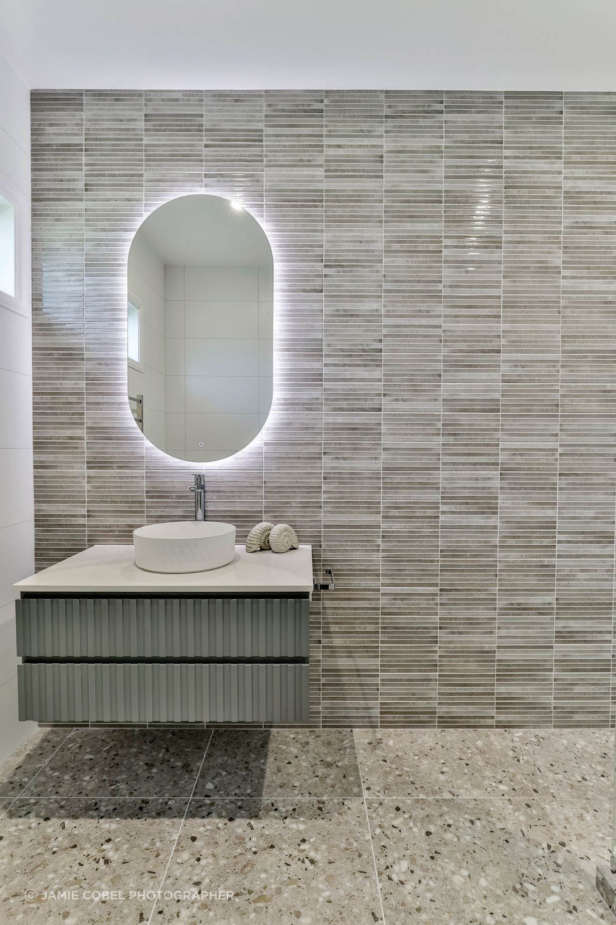 TILE DEPOT / Tiles: Home Kit Kat Ash 125x250mm , Blanco Brillo Matt 300x600mm, Frammenta Taupe 597x597mm / Bathware also supplied by Tile Depot