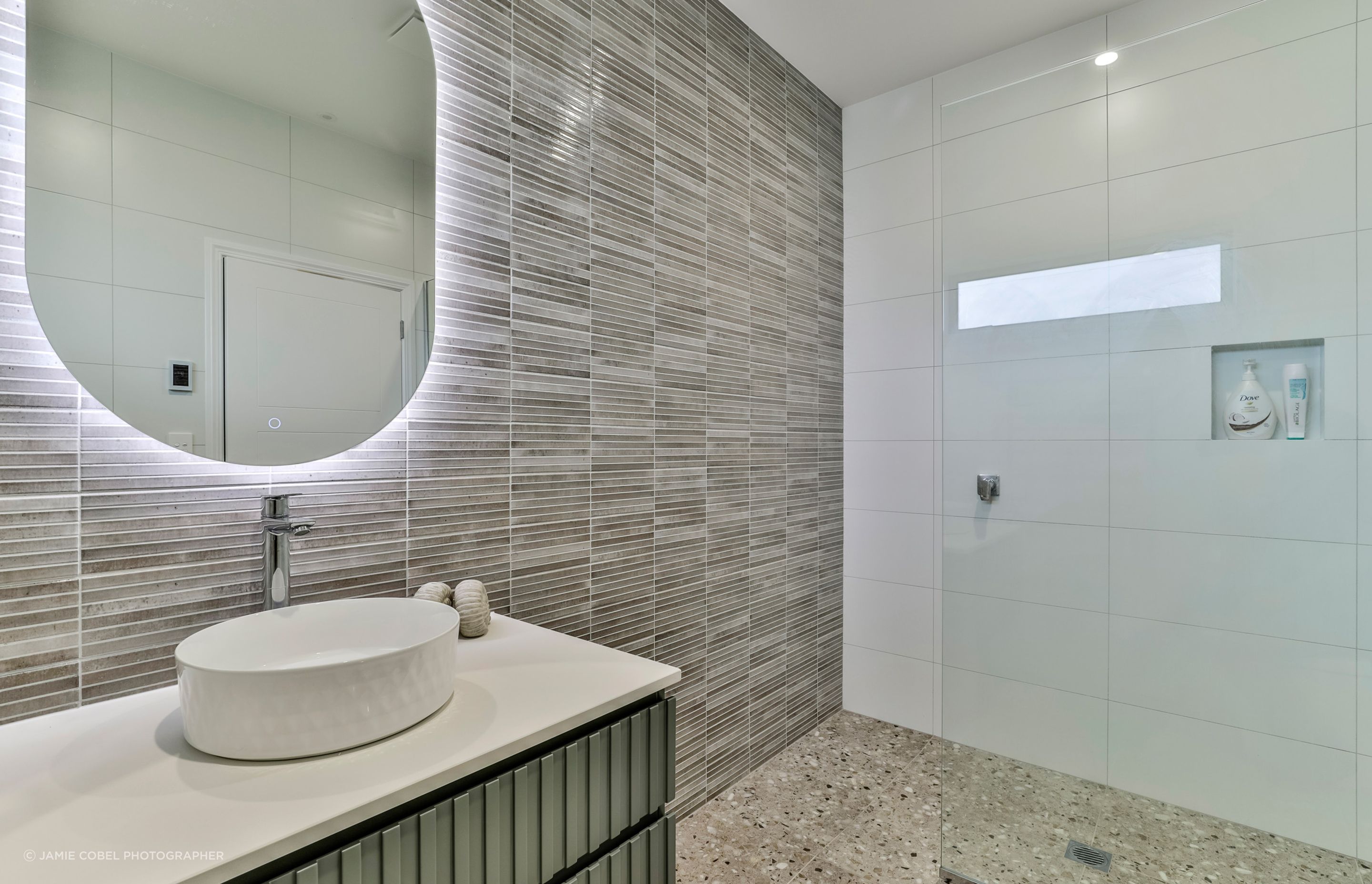 TILE DEPOT / Tiles: Home Kit Kat Ash 125x250mm , Blanco Brillo Matt 300x600mm, Frammenta Taupe 597x597mm / Bathware also supplied by Tile Depot