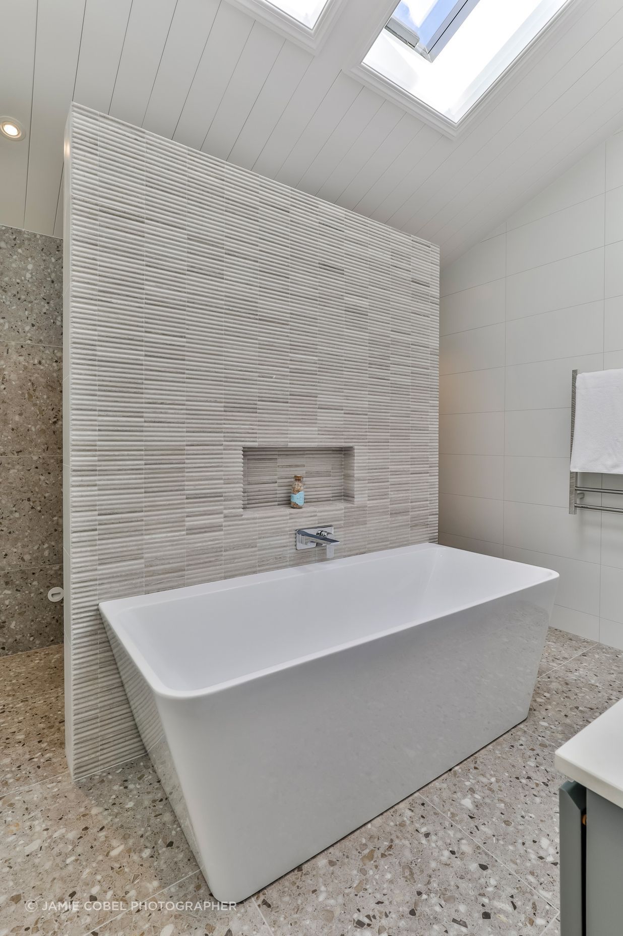 TILE DEPOT / Tiles: Colosseum Travertine 305x305mm, Blanco Brillo Matt 300x600mm, Frammenta Taupe 597x597mm / Tap: Olympia Wall Mounted basin Mixer Chrome