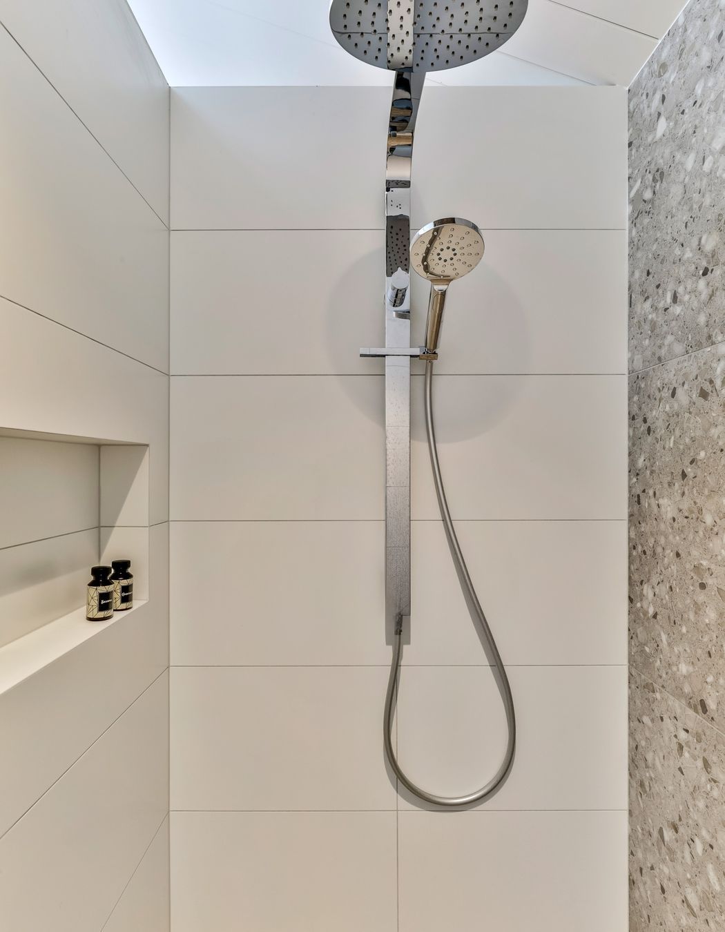 TILE DEPOT / Tiles: Blanco Brillo Matt 300x600mm, Frammenta Taupe 597x597mm / Tapware: Eclipse Double Shower Head (Round) Chrome