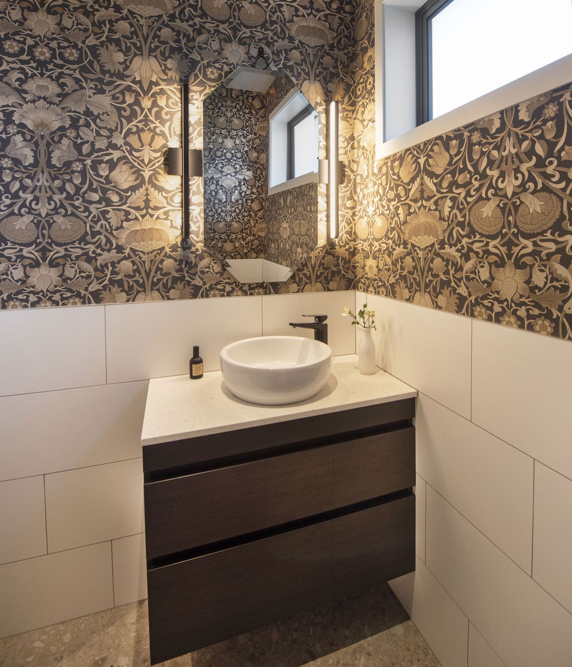Powder room with glorious wallpaper
