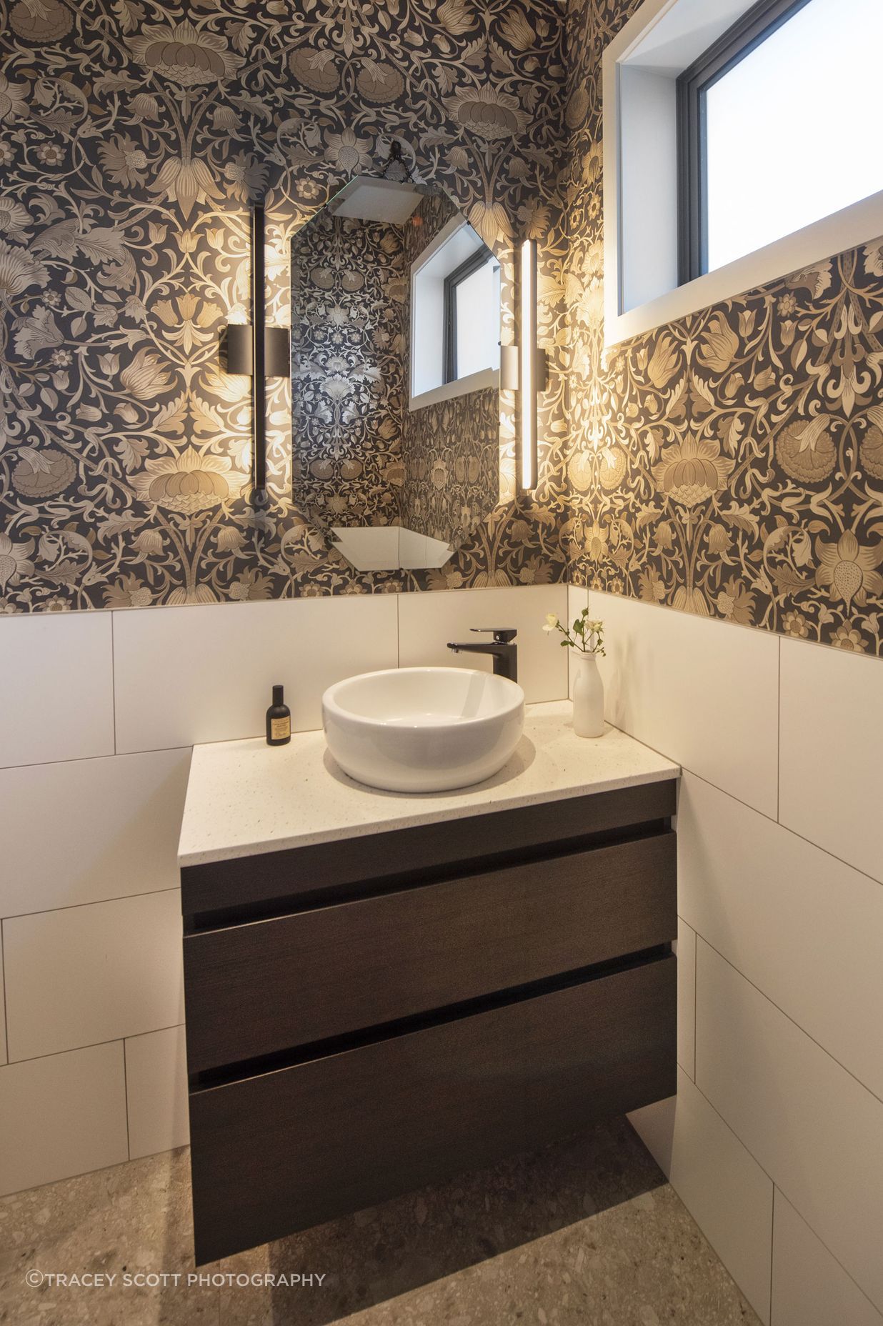 Powder room with glorious wallpaper