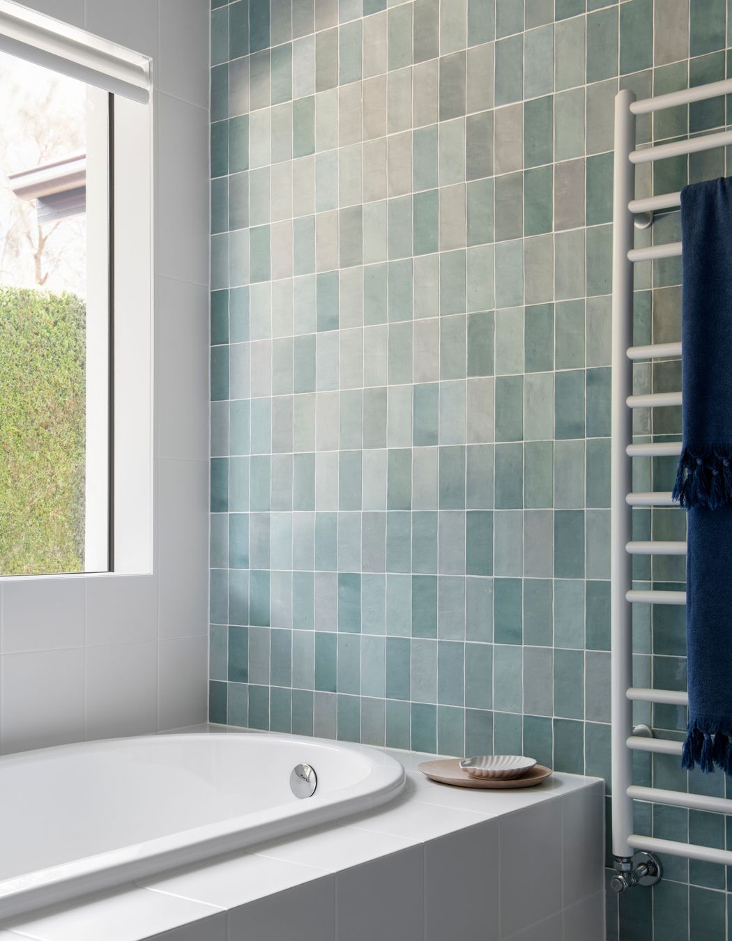 Bathroom blue / green feature tiles in matt with 5% gloss.