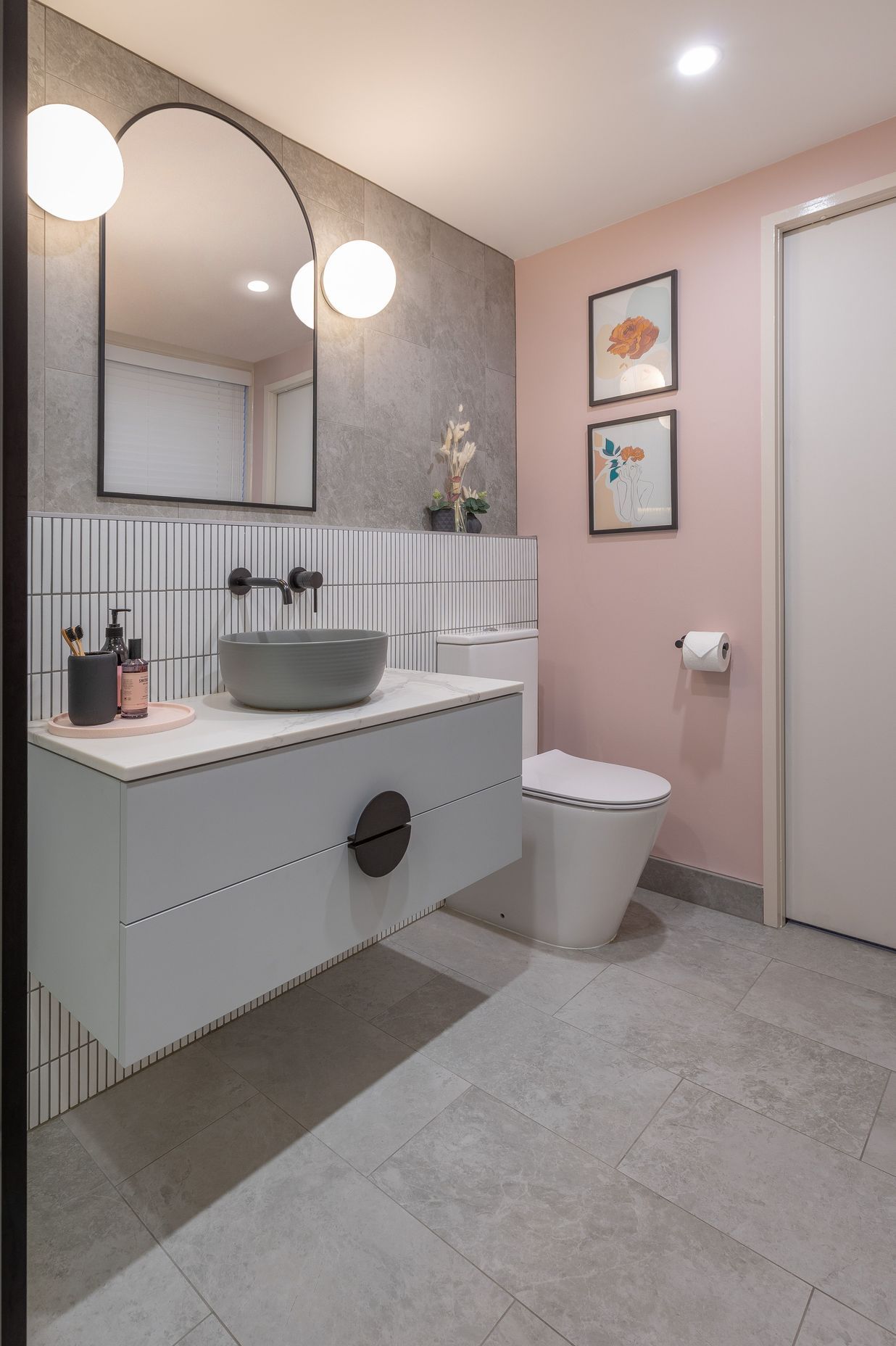 Prime Laminate Soft-Matt in Foxy, Prime Stone in Statuario Venato in a Leather finish, designed by Melanie John of Cube Dentro, NKBA awards 2020 winner of the CDS Bathroom Design Award 2020