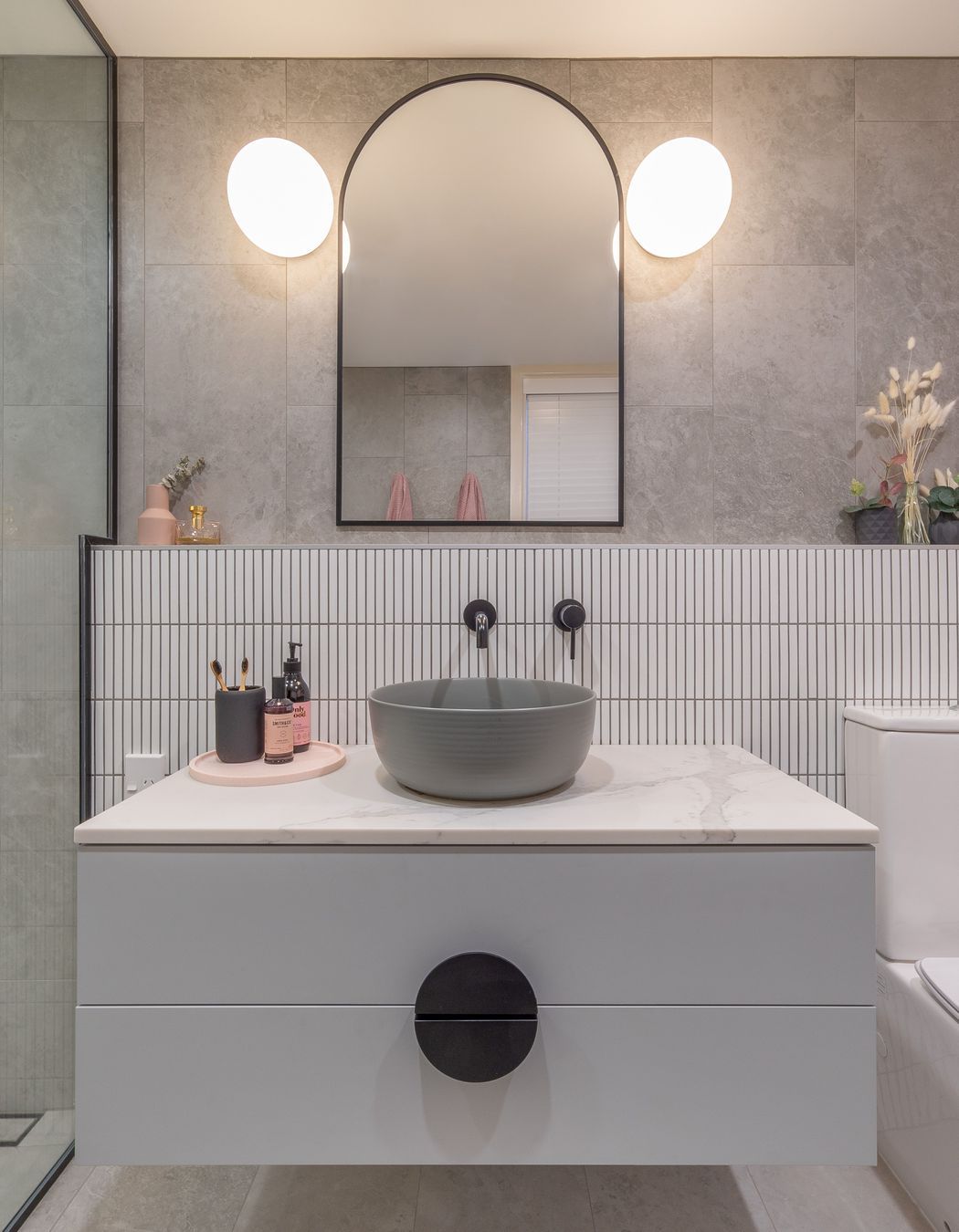 Prime Laminate Soft-Matt in Foxy, Prime Stone in Statuario Venato in a Leather finish, designed by Melanie John of Cube Dentro, NKBA awards 2020 winner of the CDS Bathroom Design Award 2020