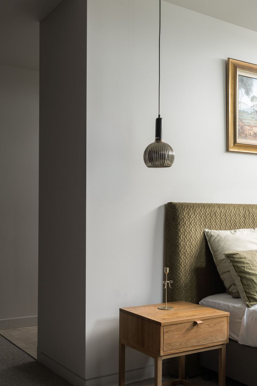 Carwoola House - Bedroom. Woven bedhead and sculptural pendant light.
