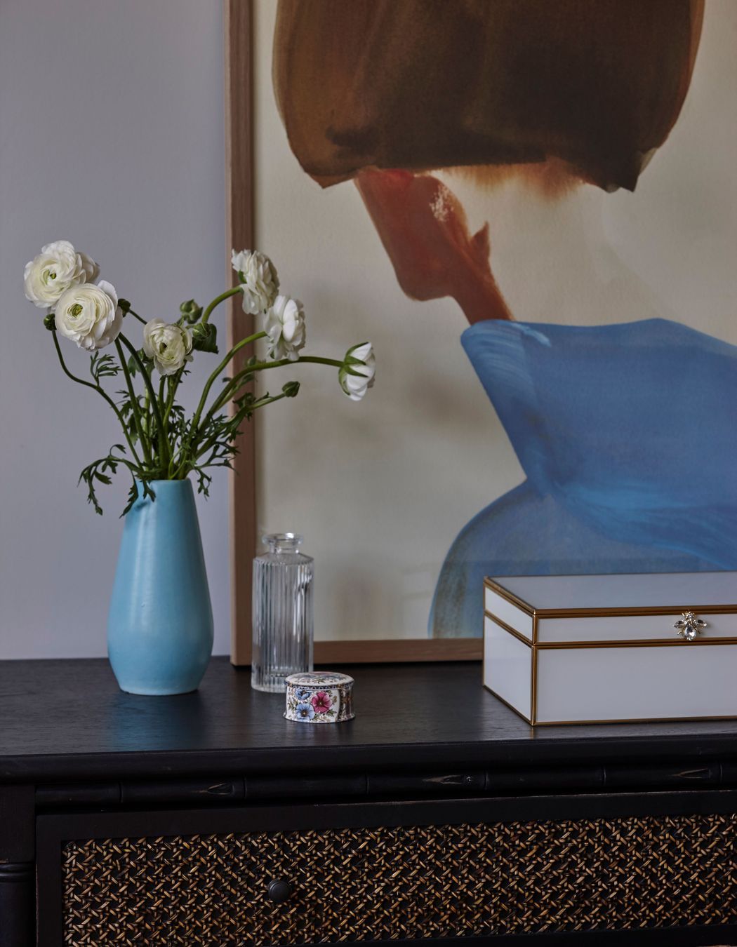 Master bedroom interior design & decor featuring blues & golds