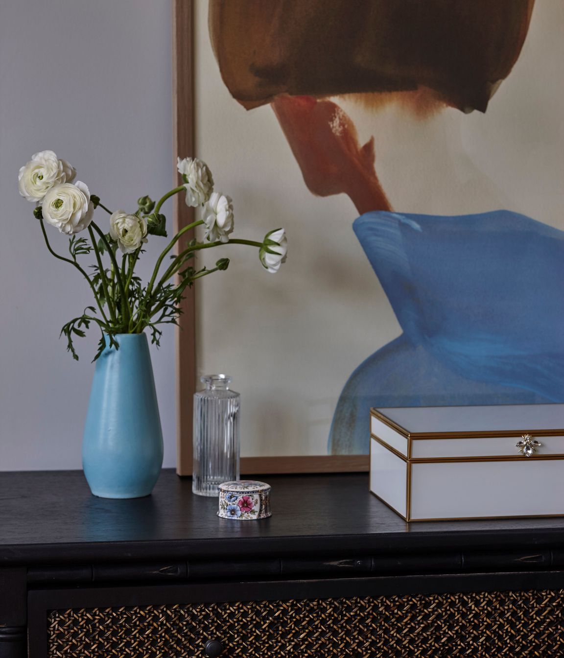 Master bedroom interior design &amp; decor featuring blues &amp; golds