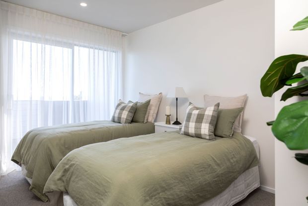 Bright, calm bedroom with two twin beds dressed in muted sage-green bedding and layered plaid and neutral pillows. Sheer floor-to-ceiling curtains cover a large window, while a small shared bedside table with lamps sits between the beds. A leafy indoor plant adds a natural accent.