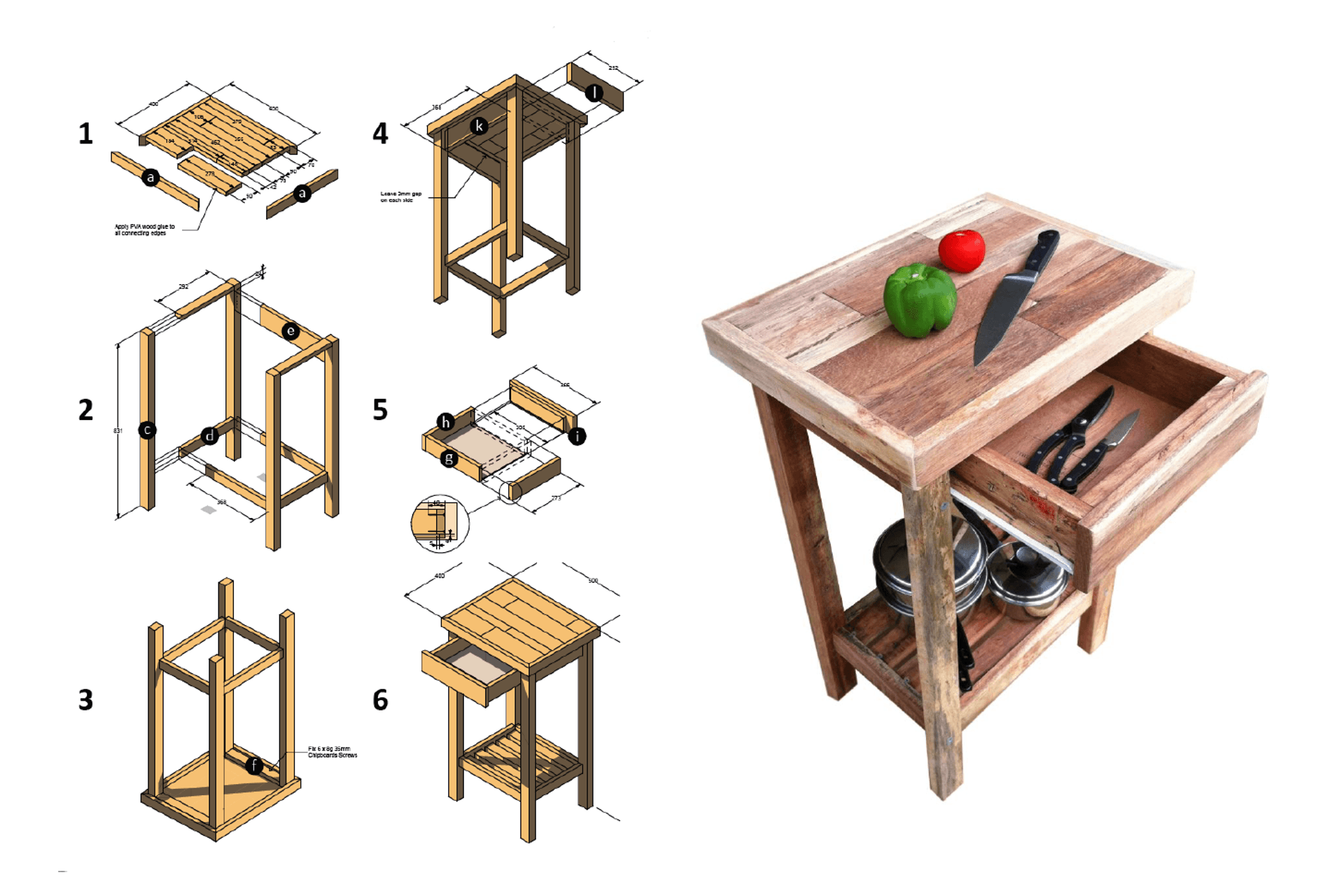 Completed in 2012: Kitchen Island - Made from upcycled timber offcuts. Example of Lego 3D style instructions