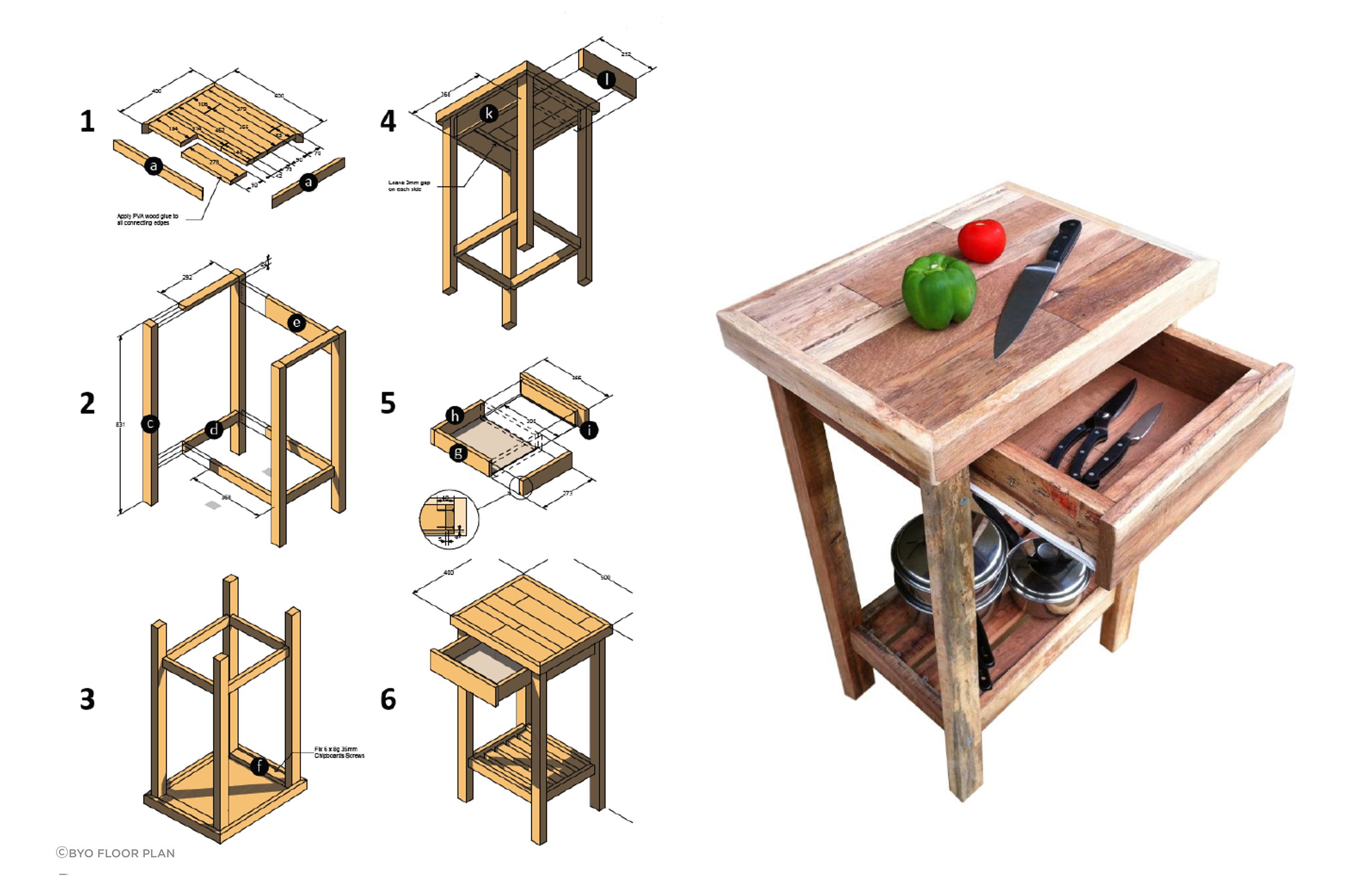 Completed in 2012: Kitchen Island - Made from upcycled timber offcuts. Example of Lego 3D style instructions