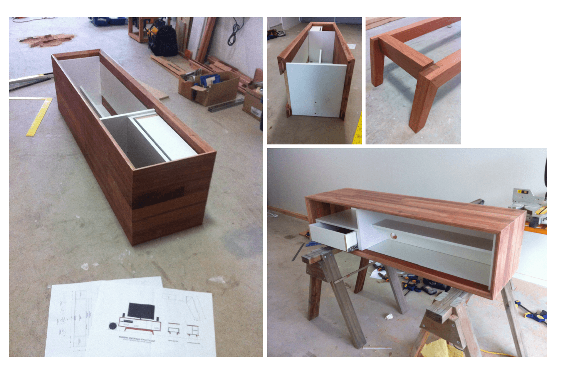 Completed in 2014: Mid-Century  Modern inspired credenza/TV unit construction - Laminated panel top and sides encase melamine carcasses, sitting on custom hardwood timber stand