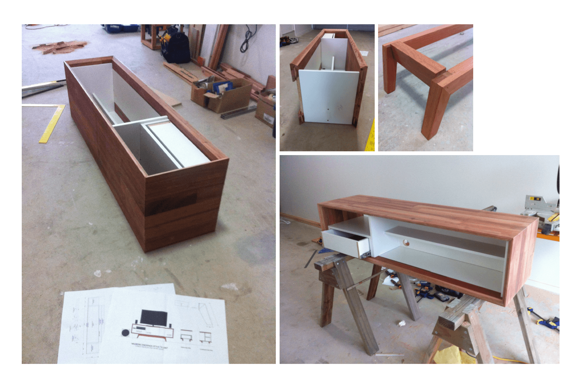 Completed in 2014: Mid-Century  Modern inspired credenza/TV unit construction - Laminated panel top and sides encase melamine carcasses, sitting on custom hardwood timber stand