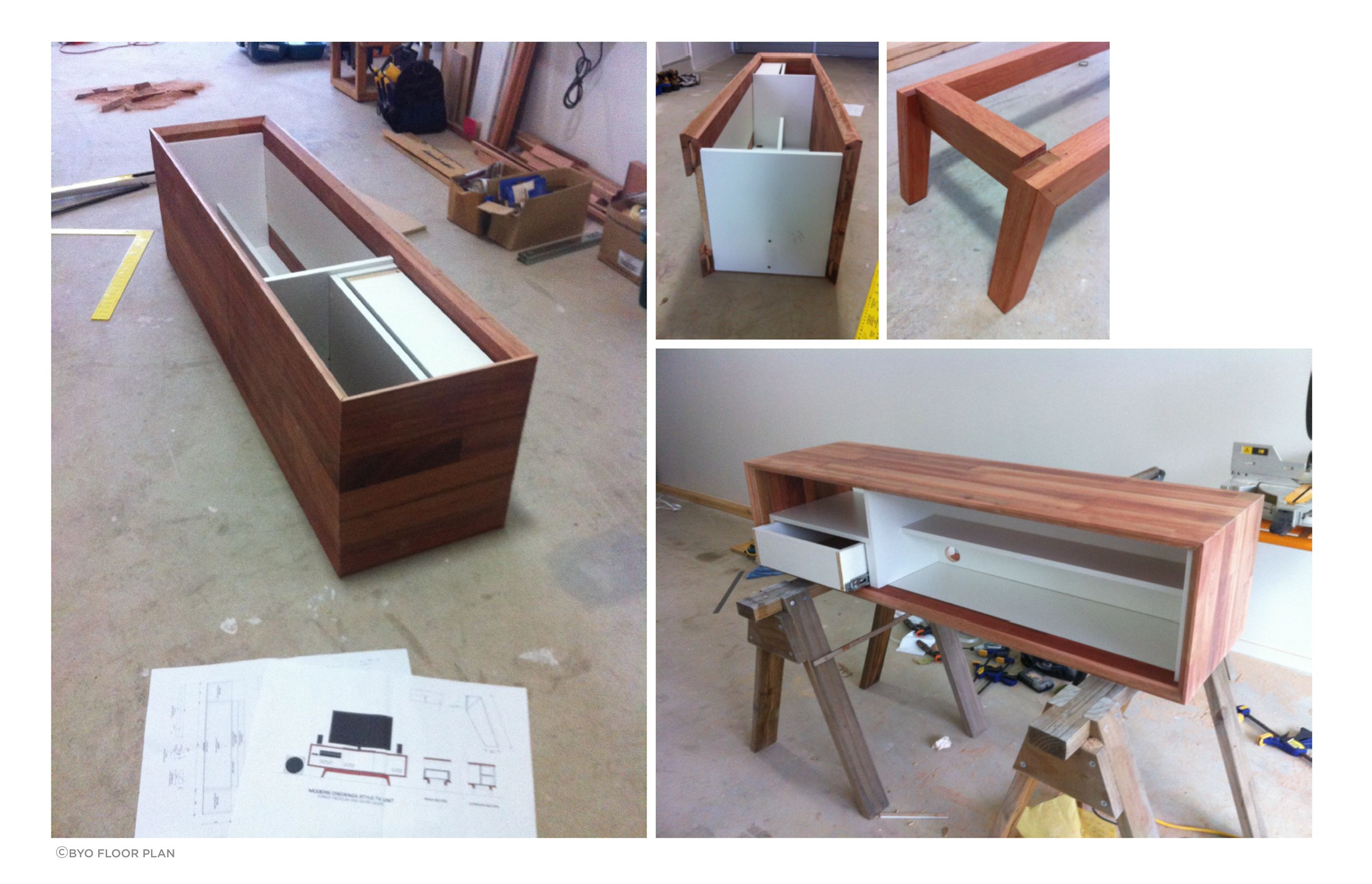 Completed in 2014: Mid-Century  Modern inspired credenza/TV unit construction - Laminated panel top and sides encase melamine carcasses, sitting on custom hardwood timber stand