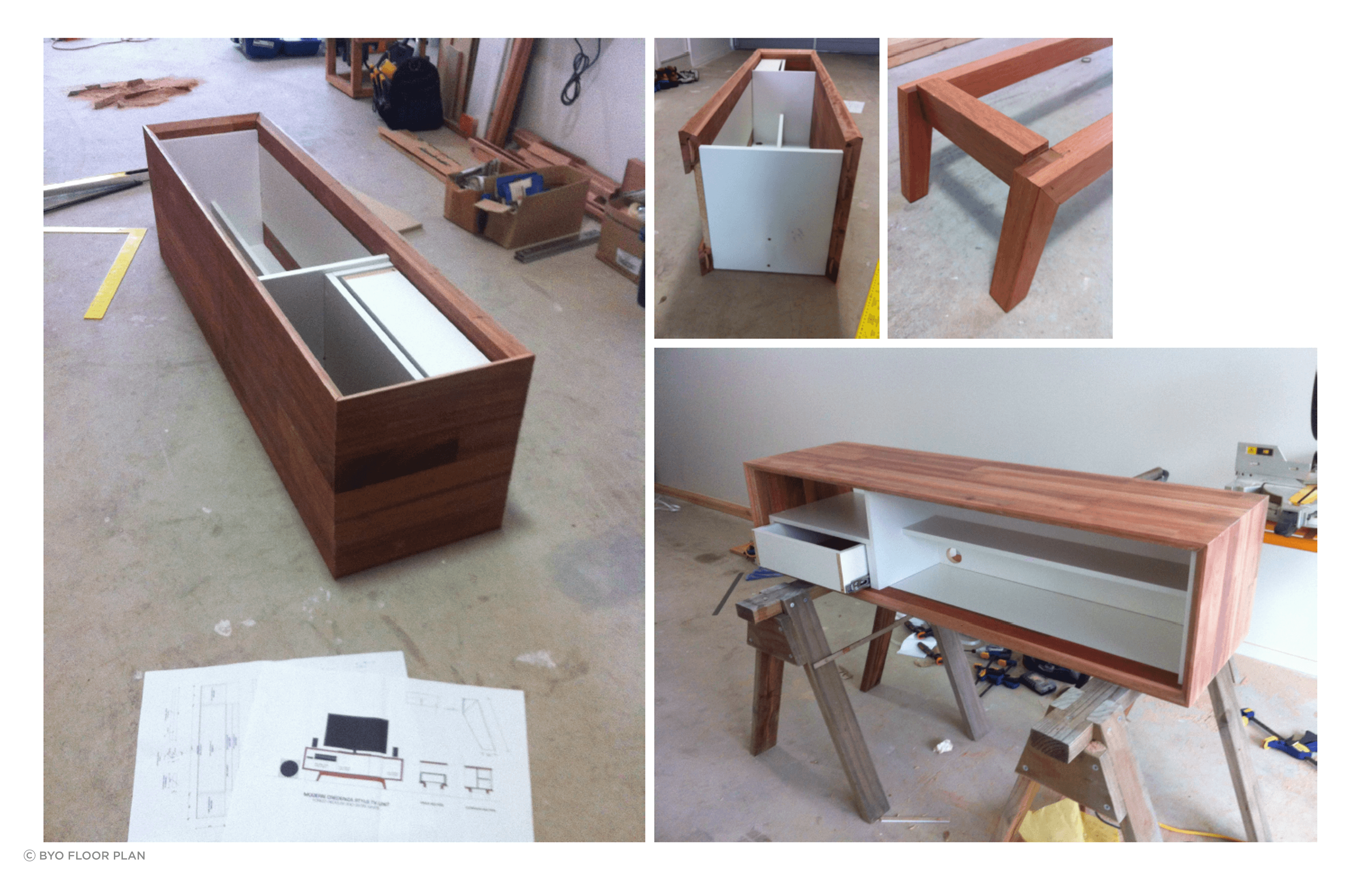 Completed in 2014: Mid-Century  Modern inspired credenza/TV unit construction - Laminated panel top and sides encase melamine carcasses, sitting on custom hardwood timber stand