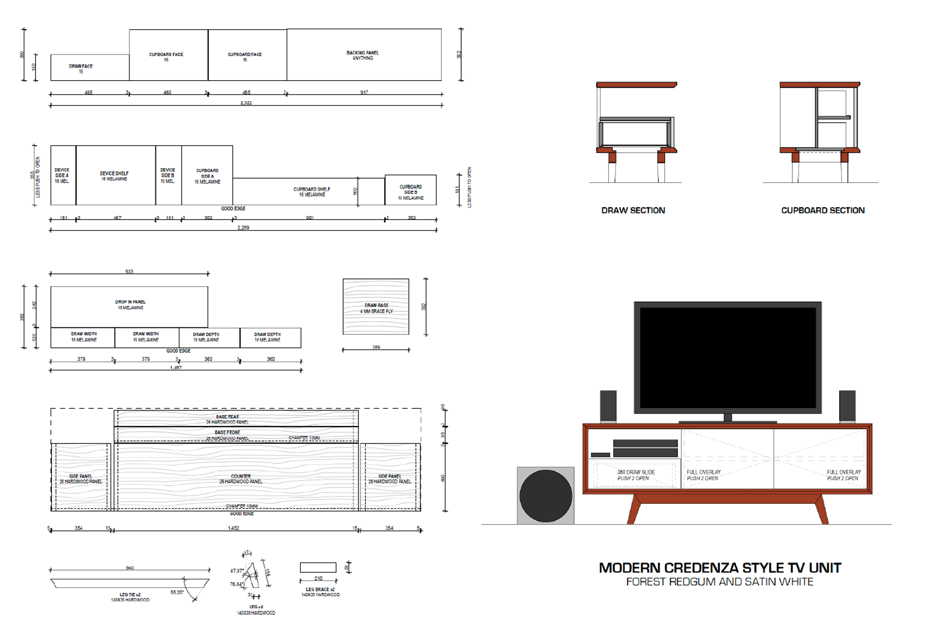 Completed in 2014: Mid century modern inspired credenza/TV unit. Illustrated cutting list to reduce material waste and increase woodworking accuracy