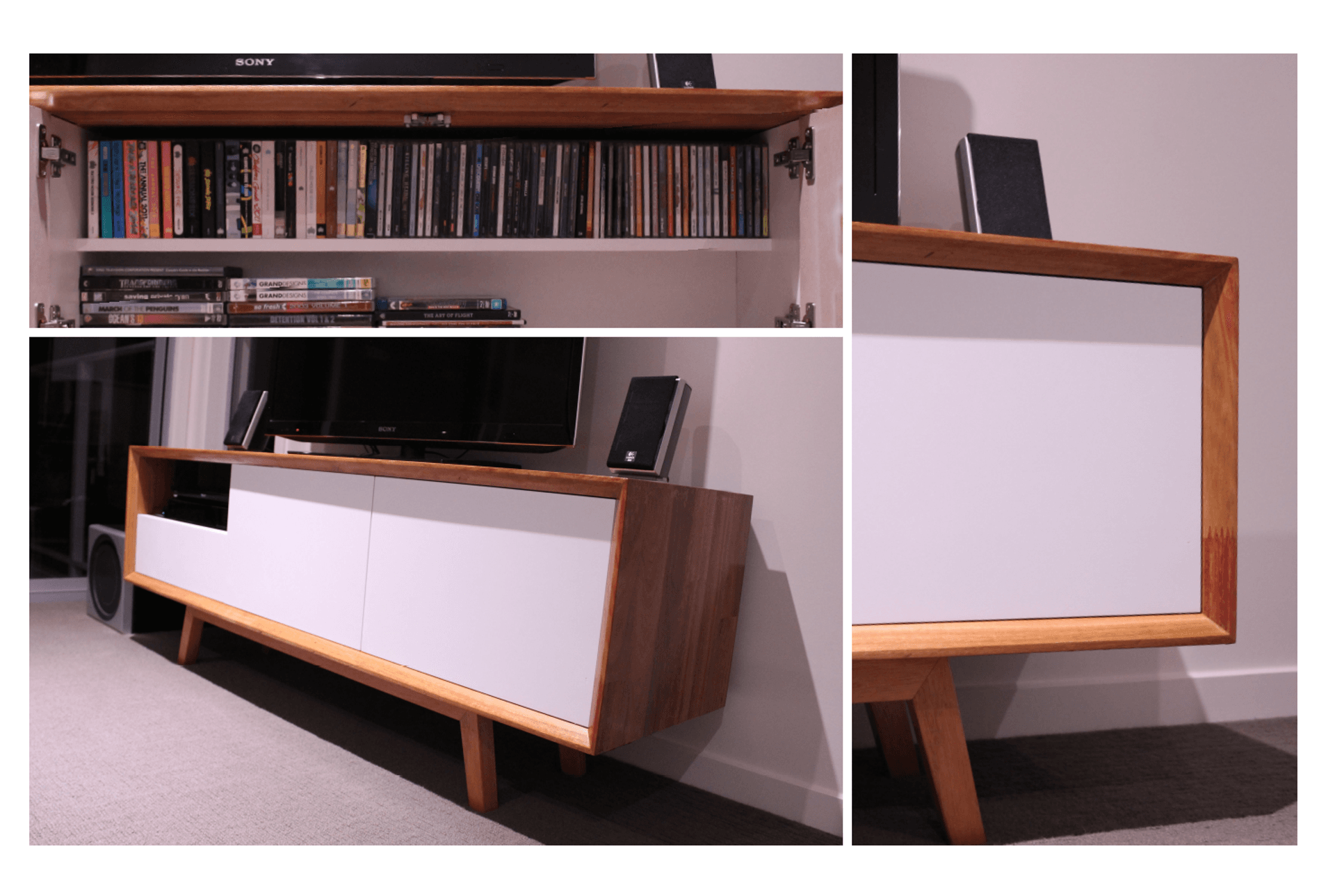 Completed in 2014: Mid Century Modern Inspired Credenza/TV Unit - Made from Western Australian Karri, melamine carcass, 2pac MDF fronts and hardwood timber base.