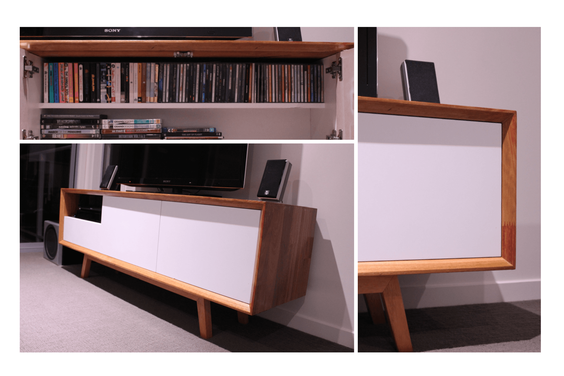 Completed in 2014: Mid Century Modern Inspired Credenza/TV Unit - Made from Western Australian Karri, melamine carcass, 2pac MDF fronts and hardwood timber base.