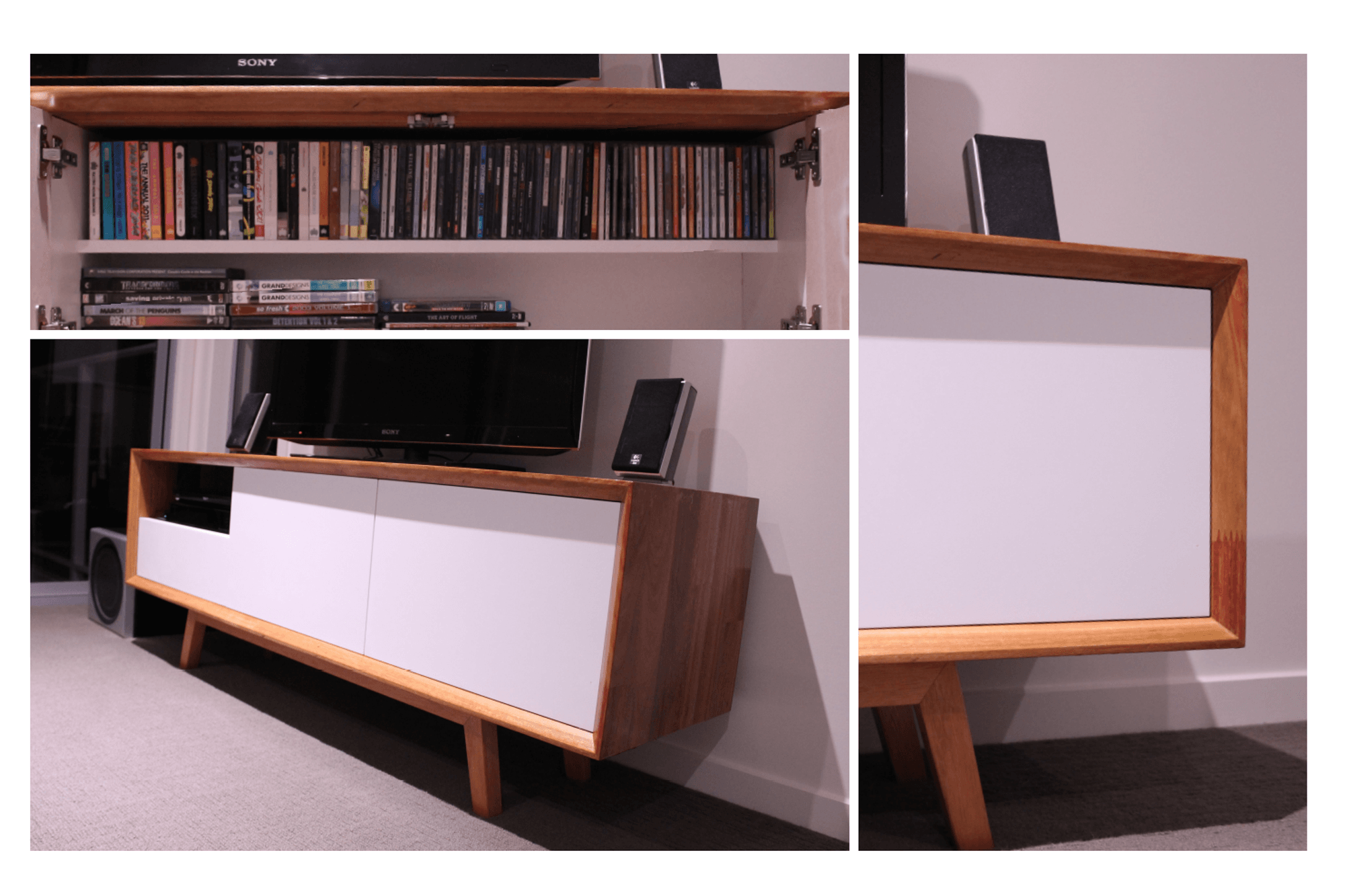 Completed in 2014: Mid Century Modern Inspired Credenza/TV Unit - Made from Western Australian Karri, melamine carcass, 2pac MDF fronts and hardwood timber base.