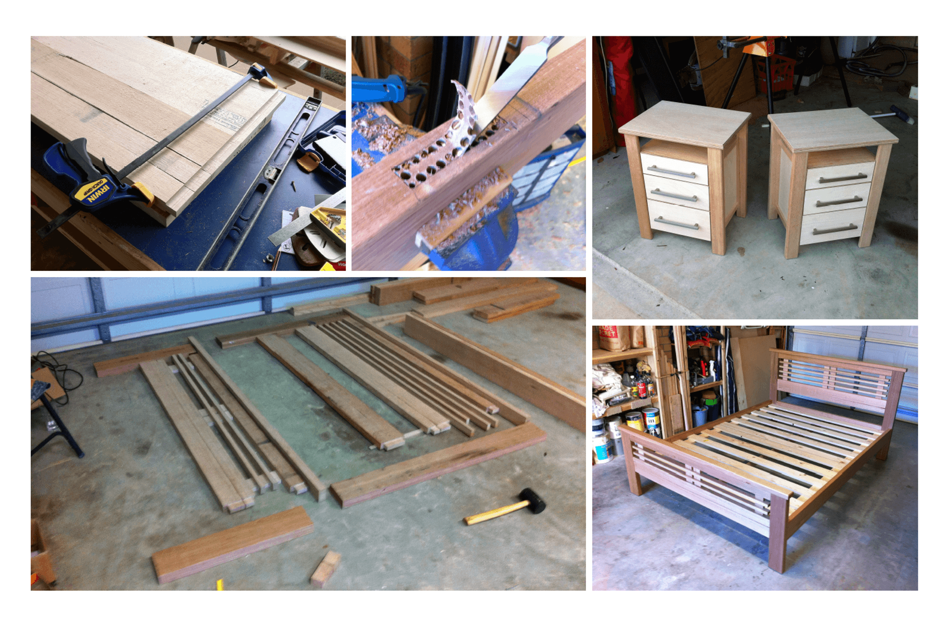 Completed in 2011: Bed frame construction from Tasmanian Oak and Spotted Gum. Matching bedside tables from hardwood marine ply &amp; bed frame offcuts