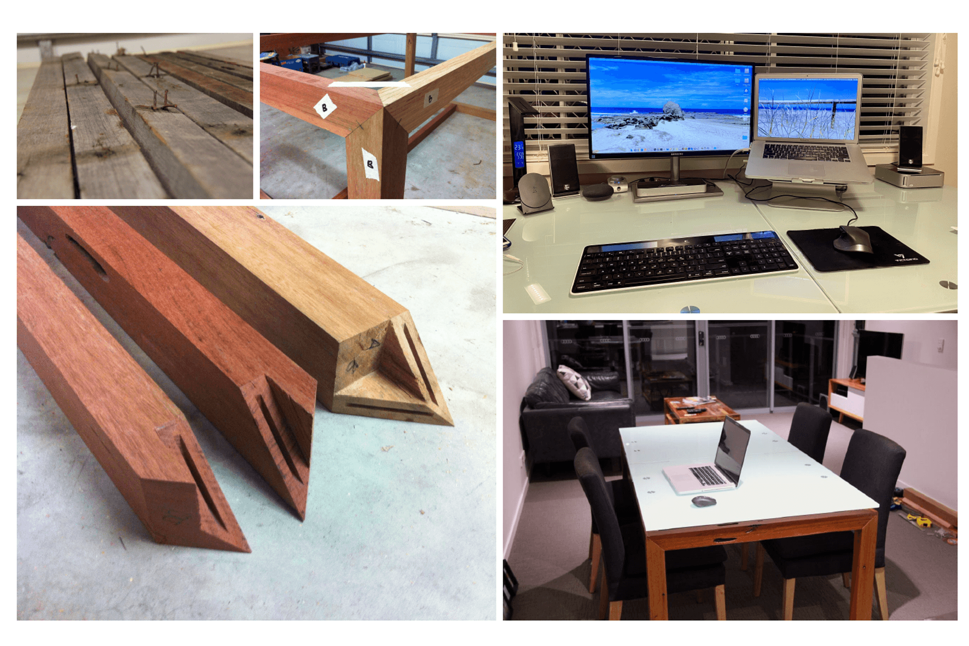 Completed in 2013:  Dining Table/Desk - Upcycled Timber from demolished 1960s hardwood house frame.  75x75 timbers were de-nailed and re-thicknessed to take out twists &amp; bows