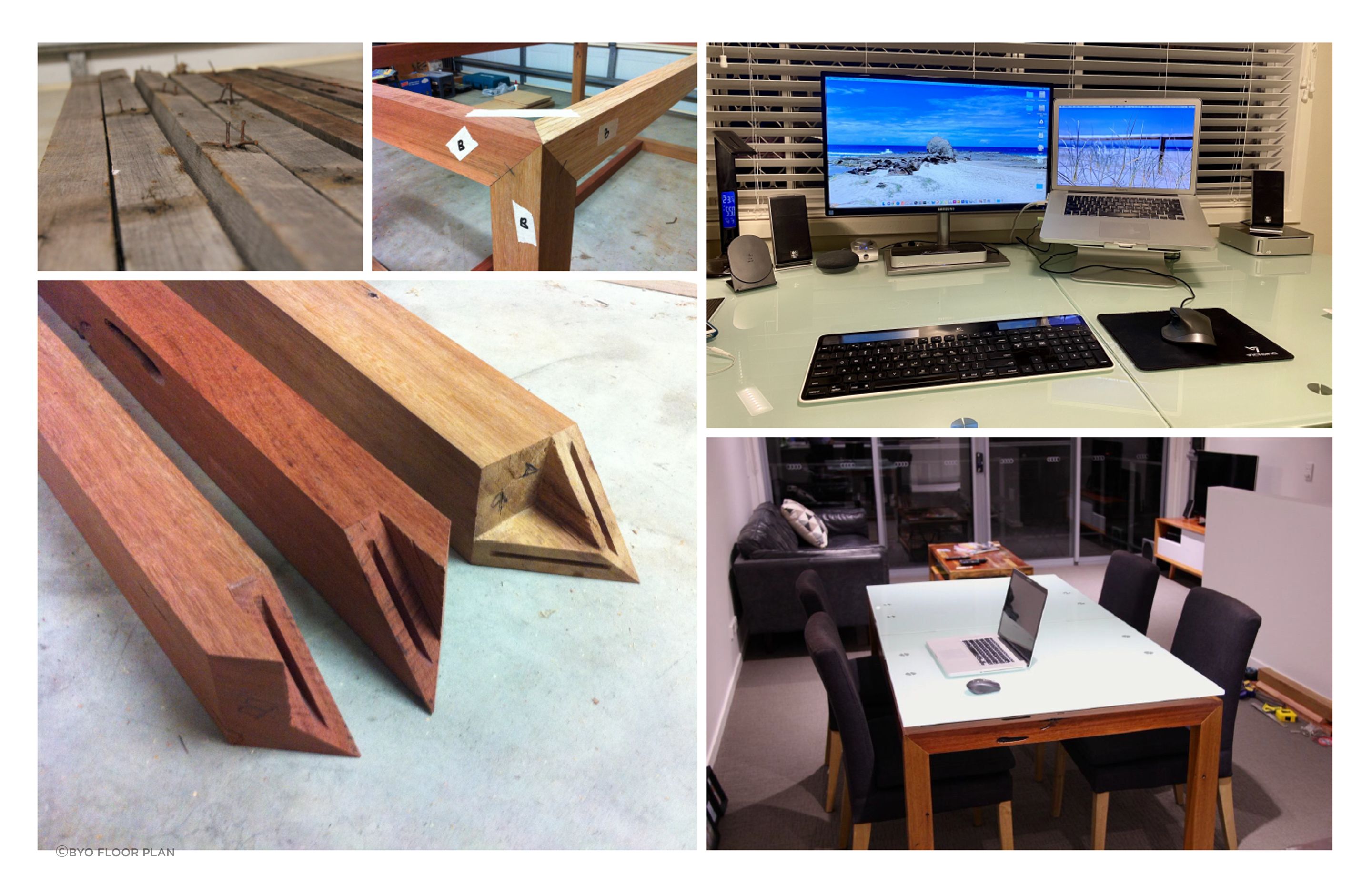 Completed in 2013:  Dining Table/Desk - Upcycled Timber from demolished 1960s hardwood house frame.  75x75 timbers were de-nailed and re-thicknessed to take out twists &amp; bows