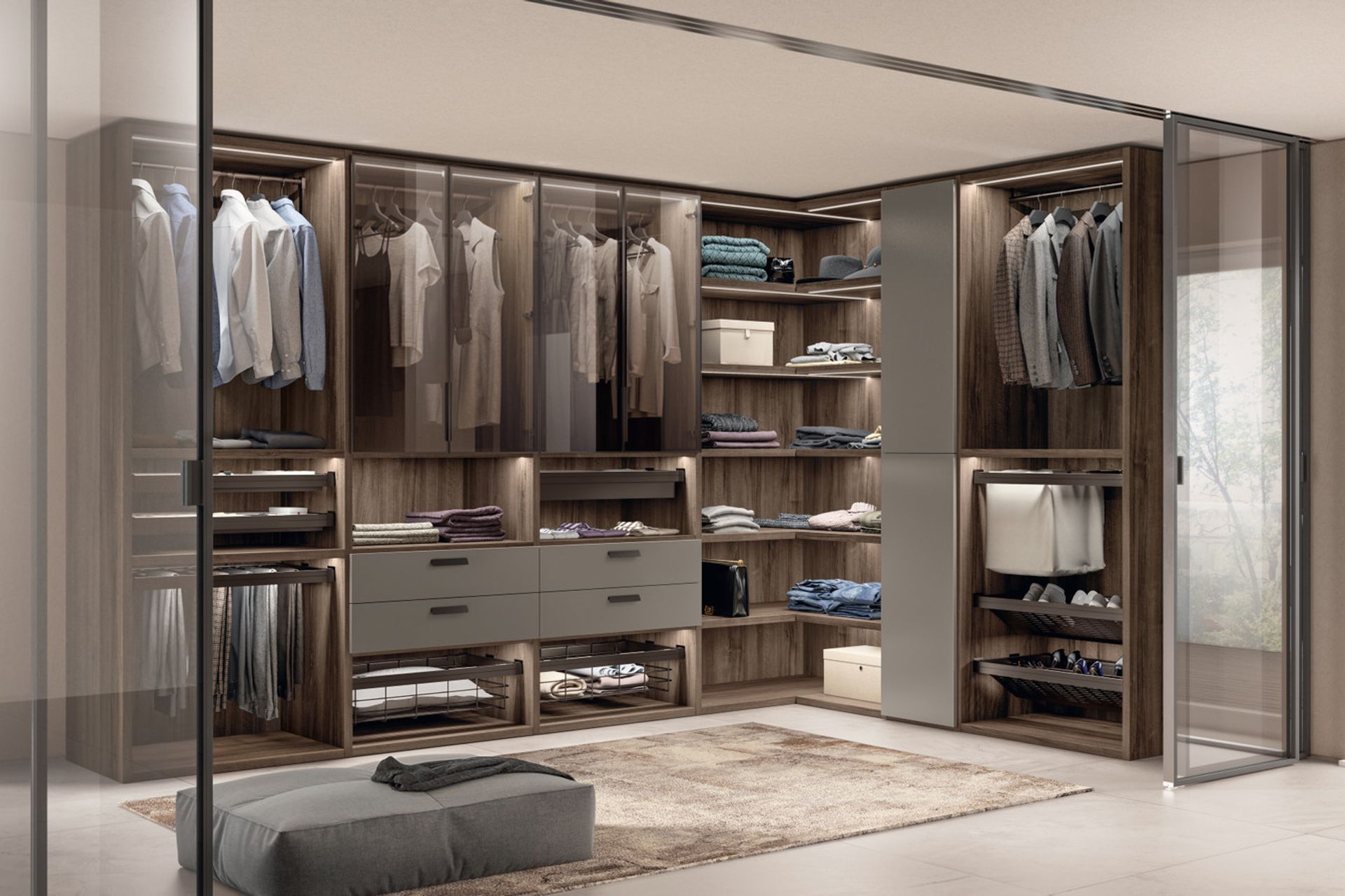 Drawer unit and “Assist” shoe rack shelf; Magical lights; rising clothes rack, trouser racks and clothes racks from the “Support” series.